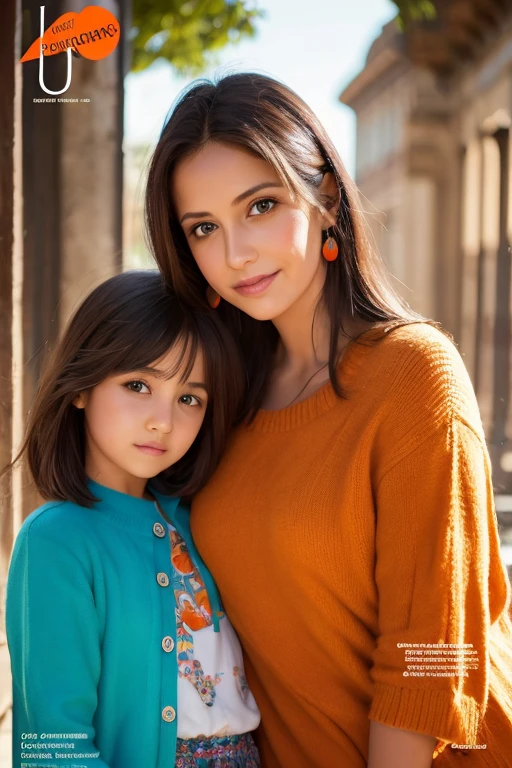 Una madre y una hija con cabello naranja y ojos azules en la portada de una revista, Colores vibrantes, high resolution, Realistic representation, Moda vanguardista, Love bond, vestimenta de moda, sonrisas cautivadoras, Belleza natural, professional lighting, Contemporary style, artistic composition