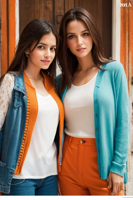 Una madre y una hija con cabello naranja y ojos azules en la portada de una revista, Colores vibrantes, high resolution, Realistic representation, Moda vanguardista, Love bond, vestimenta de moda, sonrisas cautivadoras, Belleza natural, professional lighting, Contemporary style, artistic composition