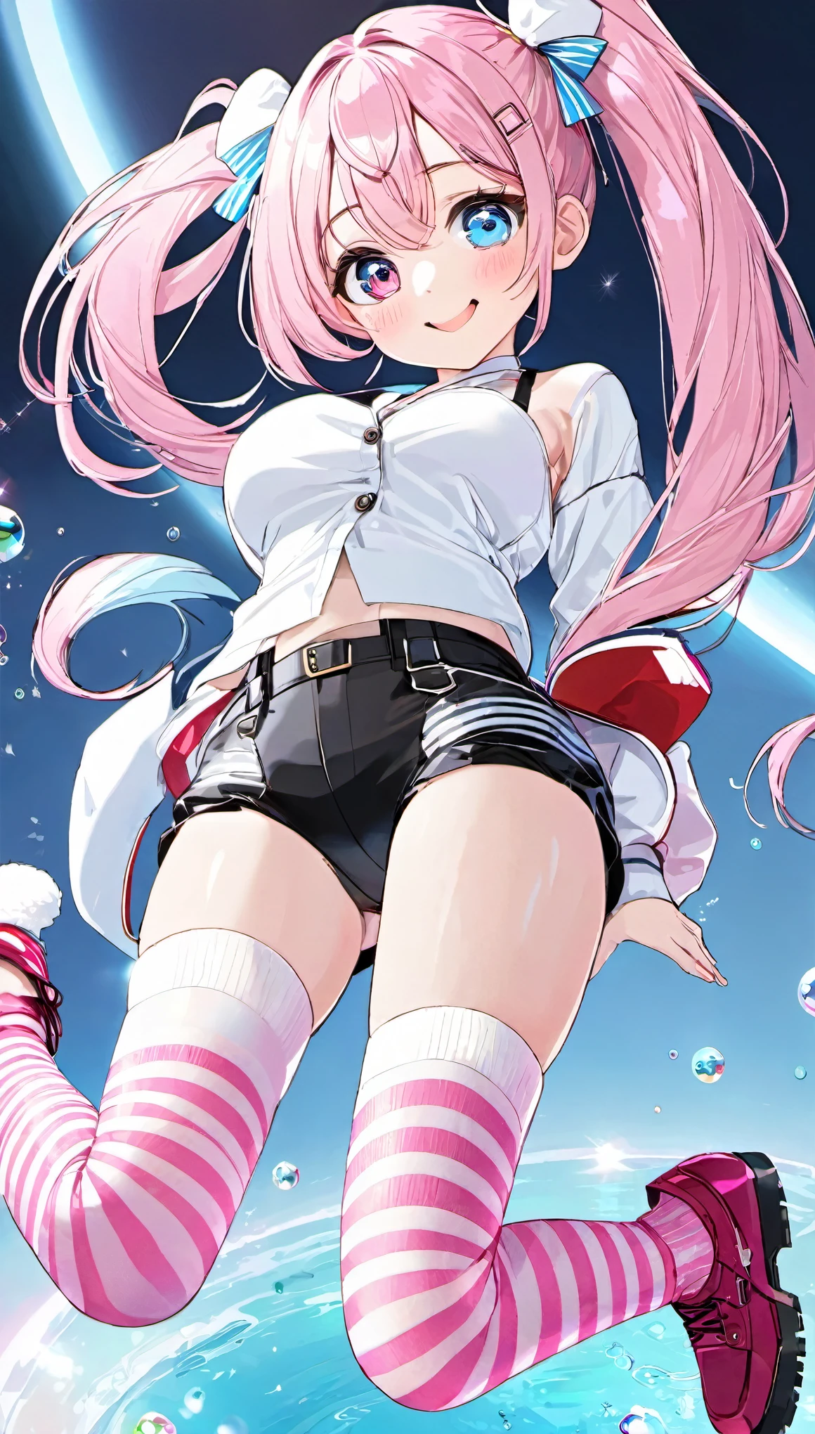 best quality, super fine, 16k, incredibly absurdres, extremely detailed, delicate, flashy and dynamic depiction, beautiful cute girl, sparkling light blue big round eyes, happy, shy, smile, pink twin tails, big long ahoge, thin flat body line, slender proportion, wearing pink and white horizontal striped knee-high socks, pink, white and black crop top, black micro bikini pants, red enamel long boots, cute pose, floating in the air, background iridescent aura-effect 