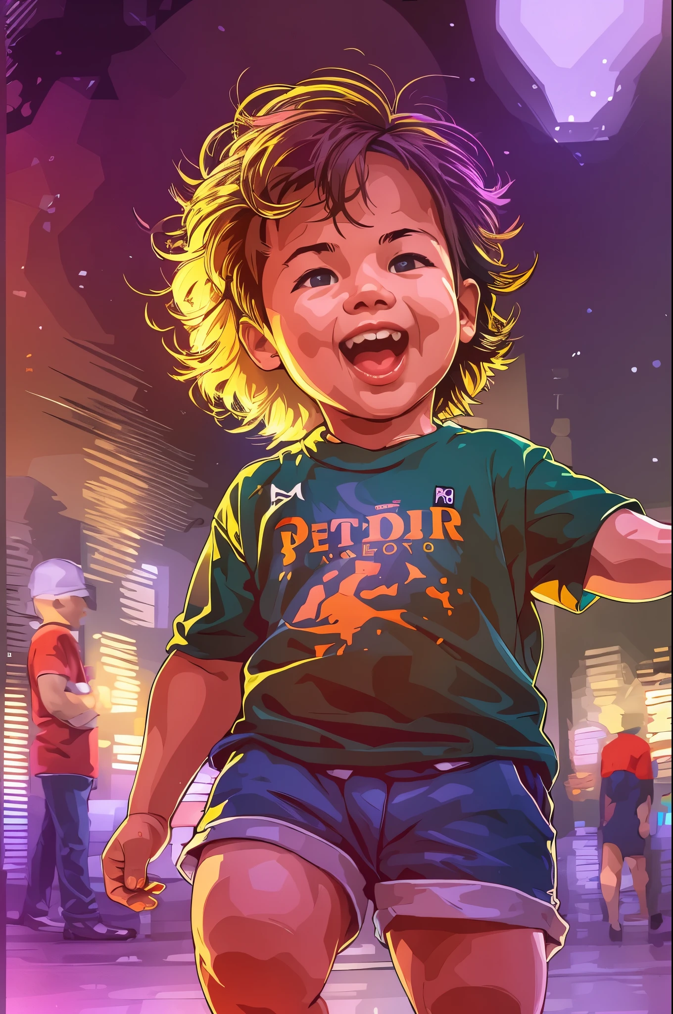 little boy in park, happy, vector, mwvector, summer, t-shirt and shorts, best quality, ultra-detailed, realistic, portraits, vivid colors, bokeh, warm tones, soft lighting