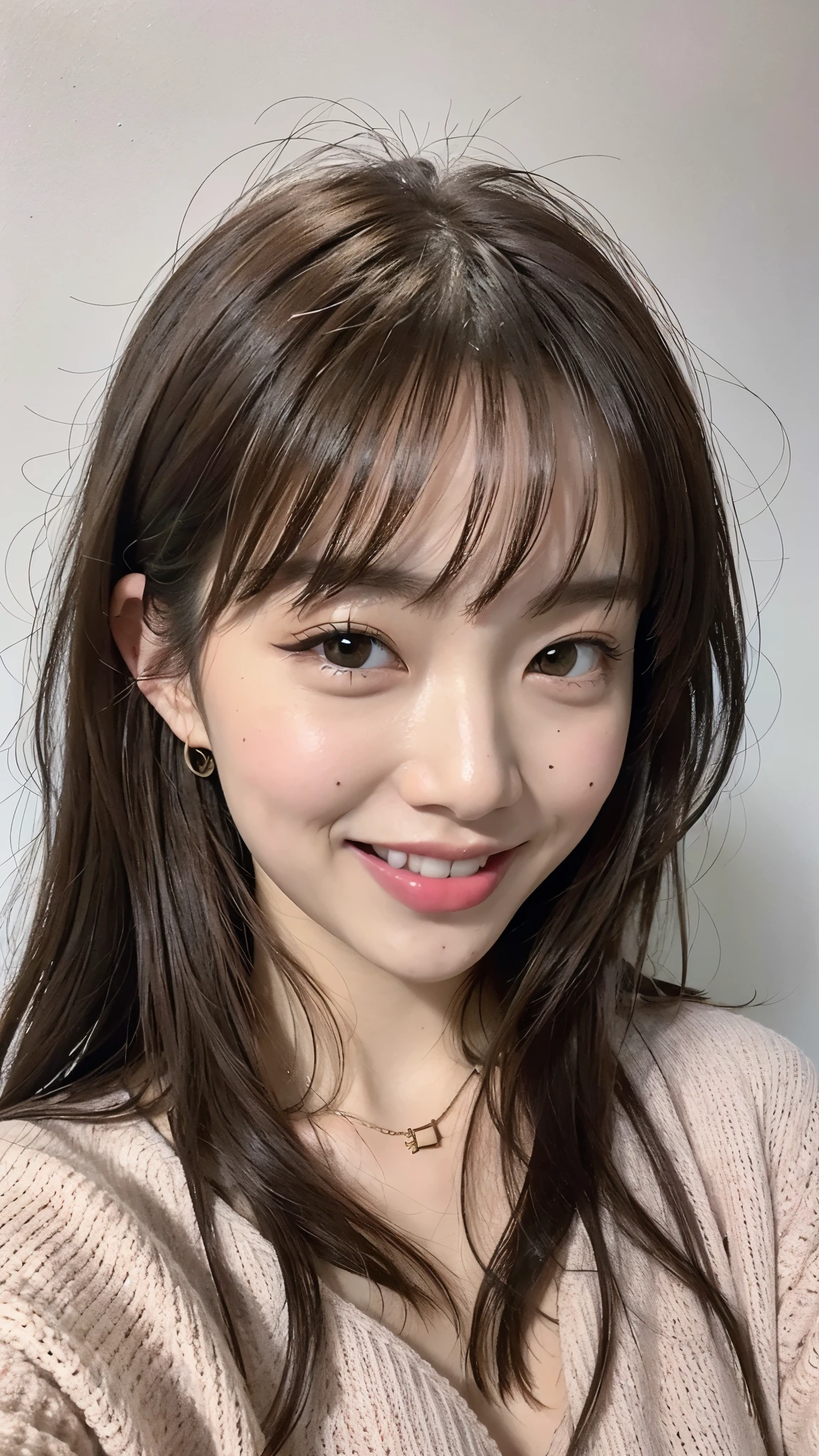 highest quality, masterpiece, Ultra-high resolution, (Realistic:1.4),((Small and narrow face:1.2)), (Close-up portrait) RAW Photos, 1 girl,20-year-old,((Wink)),((Sticking out tongue)),((Asian Fashion)),Messy Hair,((Dark chestnut hair)),((Bangs short)),((Smiling with teeth showing)),