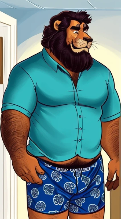 (por dramamine, por acaso), homem maduro, cicatriz no olho, old chubby lion, (pelo marrom:1.2),meia idade,((cabelo curto preto)),((barba facial)),(nada ali, melhor qualidade, alta qualidade, detalhado, sombreado, sombreamento, obra de arte:1.2), detalhado eyes, detalhado clothing, sorriso pretensioso, Sorriso Sedutor, Peito peludo, copos,Inside the office,(blue pattern boxers:1.4), (camisa branca aberta:1.5), (gravata removida),(meias pretas:1.2)