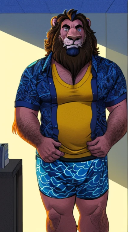 (by dramamine, by haps), mature male, old chubby bear, obese male, (Brown fur:1.2),((facial beard)),(hi res, best quality, high quality, detailed, shaded, shading, masterpiece:1.2), detailed eyes, detailed clothing, smirk, seductive smile, hairy chest, glasses,inside office,(green pattern boxers:1.4), (white Open shirt:1.5), (necktie removed),(black socks:1.2),(discarded clothes)