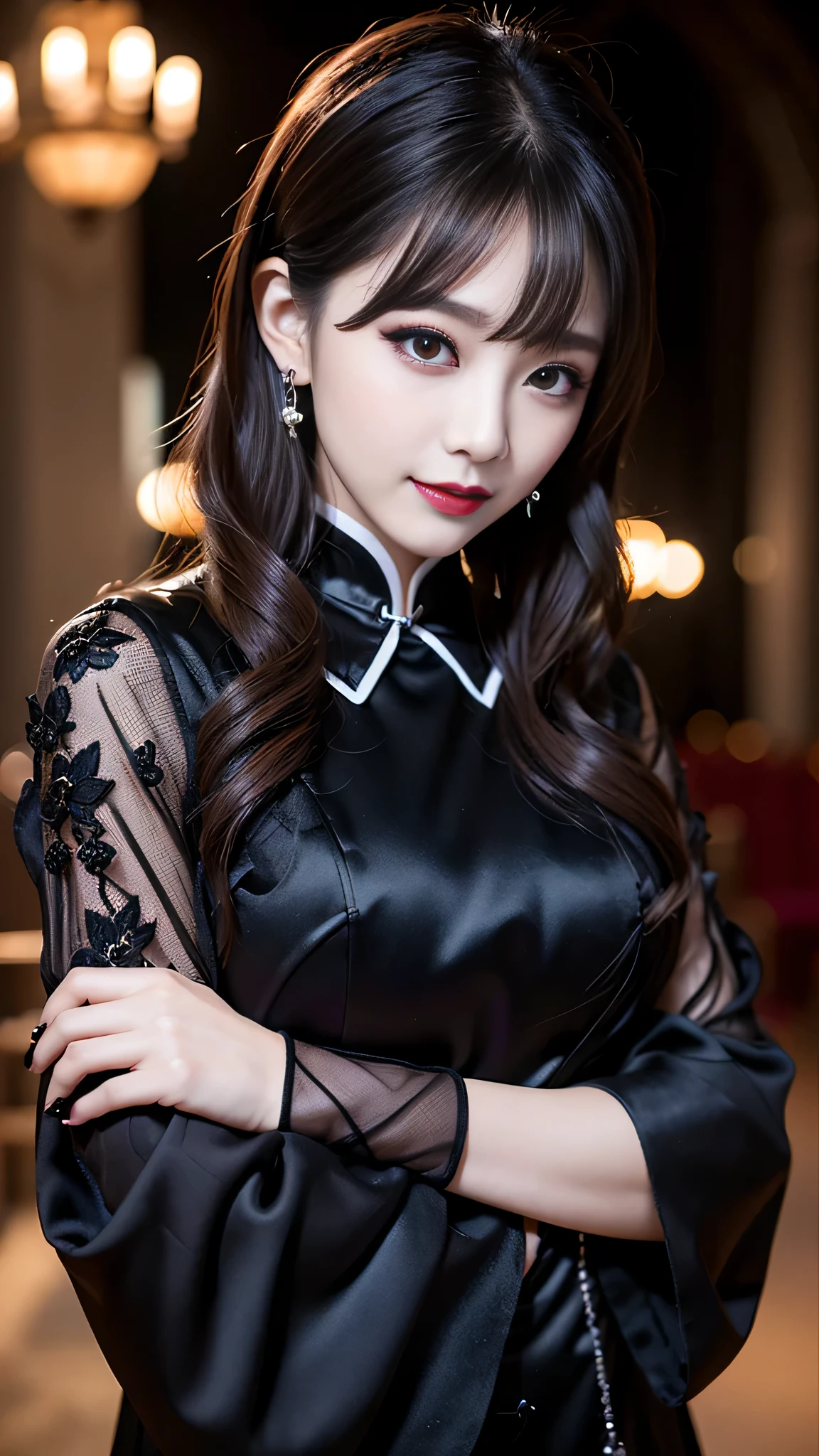 2girls、best quality、ultra-detailed、4k、Japanese、Seductive beauty、seductive adult woman、Pretty Woman、cool girl、Villainess、Brainwashed、brainwash、Fallen into evil、smirk、Evil look、Wicked Smile、evil、Brown hair、wavy hair、swept bangs、dark makeup、dark makeup、piercing eyes、hollow eyes,half-closed eyes、Hollow Eyes、Purple Eyeshadow、black lipstick、black lipglos、Long Black Cheongsam、Wide sleeves、night、inside church、makeup brush、Are standing、