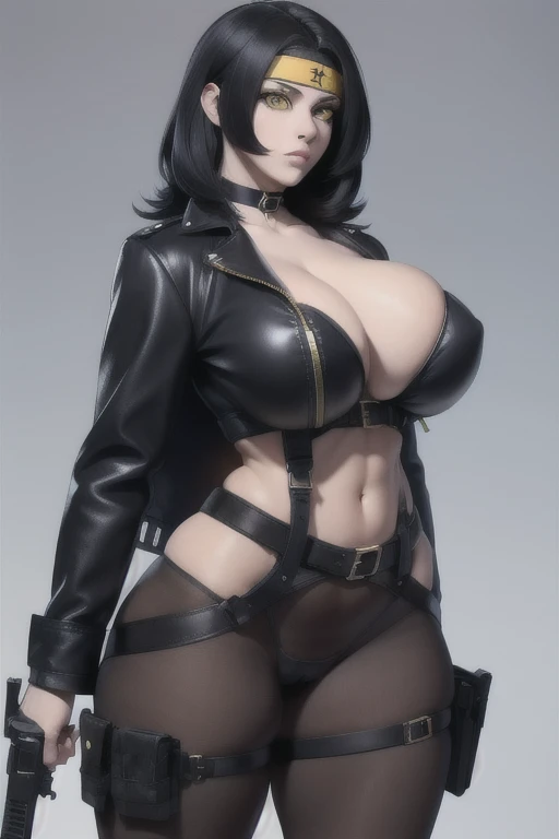 (((Cabelo longo))) black hair yellow eyes pale skin muscular girl huge breasts jacket, holster, gun holster, bondage gear, choker, headband, pantyhose, harness