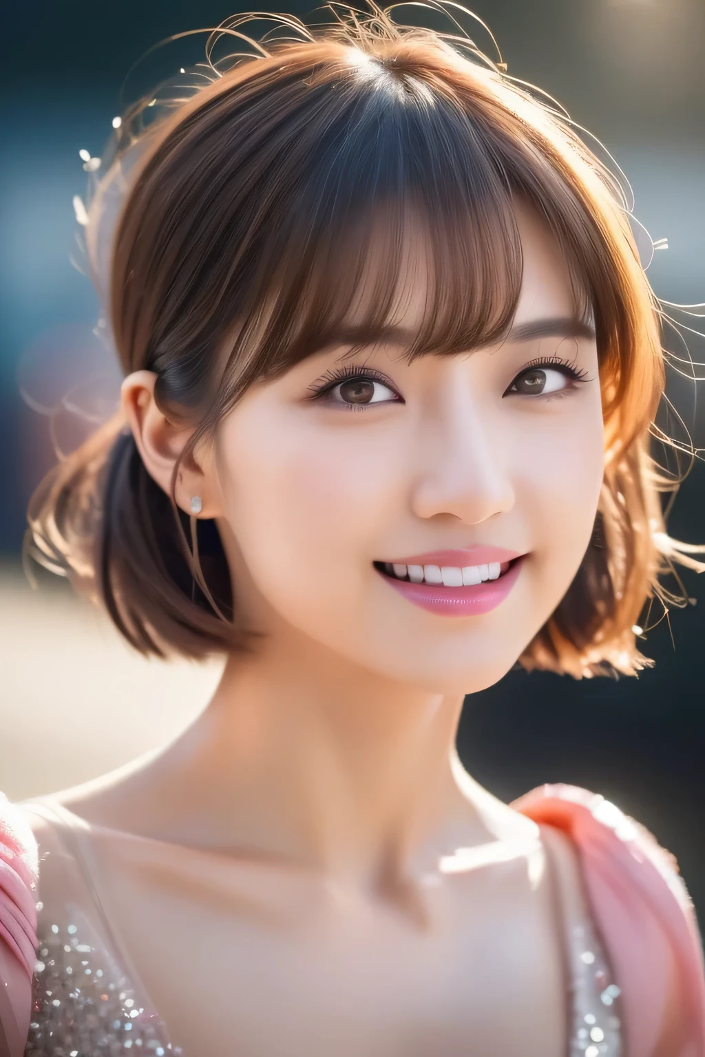 Skinny Japanese woman, 30th Generation, One girl,(Wearing a sparkling sleeveless evening dress:1.2),(RAW Photos, highest quality), (Realistic, photo-Realistic:1.4), masterpiece, Very delicate and beautiful, Very detailed, 2k wallpaper, wonderful, In detail, Very detailedな, High resolution, Soft Light, Beautiful detailed girl, Very detailed eyes and face, Beautifully detailed nose, Beautiful fine details,Cinema Lighting,City lights at night,Perfect Anatomy,smile,
Ultra-detailed eyes, Slit eyes, Brown eyes, double eyelid, Ultra-thin eyebrows, Thin, long eyelashes,
Ultra-detailed lips, Plump and moisturized lips, glossy pink lips, Flushed Cheeks, ((White beautiful teeth)),
Beautiful actress's ennui makeup, Pink lipstick,
Dark Brown Hair, Delicate soft hair, Hair blowing in the wind,
(Put your hair up, Medium Short Hair, ponytail:1.2),
Layered Cut, (Blunt bangs:1.2),
Bulging, Shapely breasts,
cute smile, Open your mouth a little, A dreamy look, ((Staring at the viewer)),
(((Photorealism,Photographing the whole body from the hip joint:1.5))), ((The body faces the viewer)),
Dynamic Lighting,