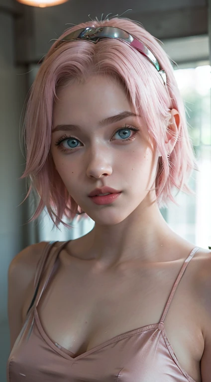 young woman, short shoulder-length pink hair, wide forehead, porcelain skin, pink eyebrows, big emerald green eyes, buttoned nose, full lips, heart-shaped face, slender body, small breasts, red tank top, Sakura Haruno , realistic, realism, details, 3d, well detailed