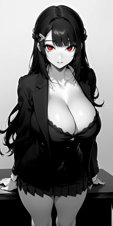 ((best quality)), ((On the table)), (detailed), (emphasize), Perfect face　Young girl&#39;s face detail showing cleavage、Red eyes and long, Thick, smooth, pretty black hair，Bangs、Monochrome background、Wear it standing with a blazer and miniskirt、