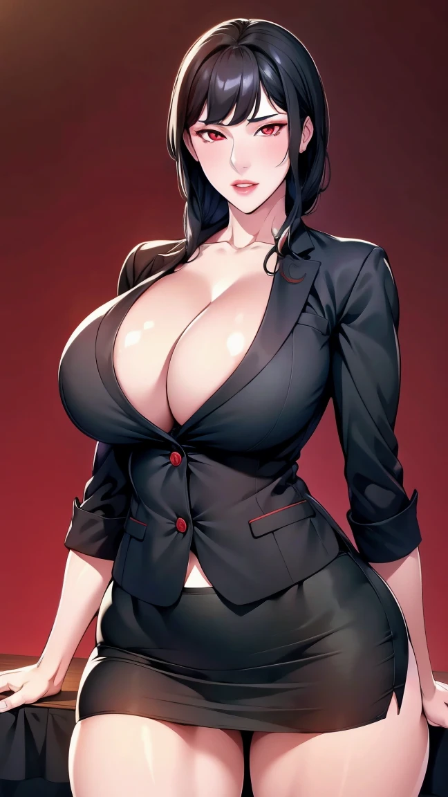 ((best quality)), ((On the table)), (detailed), (emphasize), Perfect face　Young girl&#39;s face detail showing cleavage、Red eyes and long, Thick, smooth, pretty black hair，Bangs、Monochrome background、Wear it standing with a blazer and miniskirt、