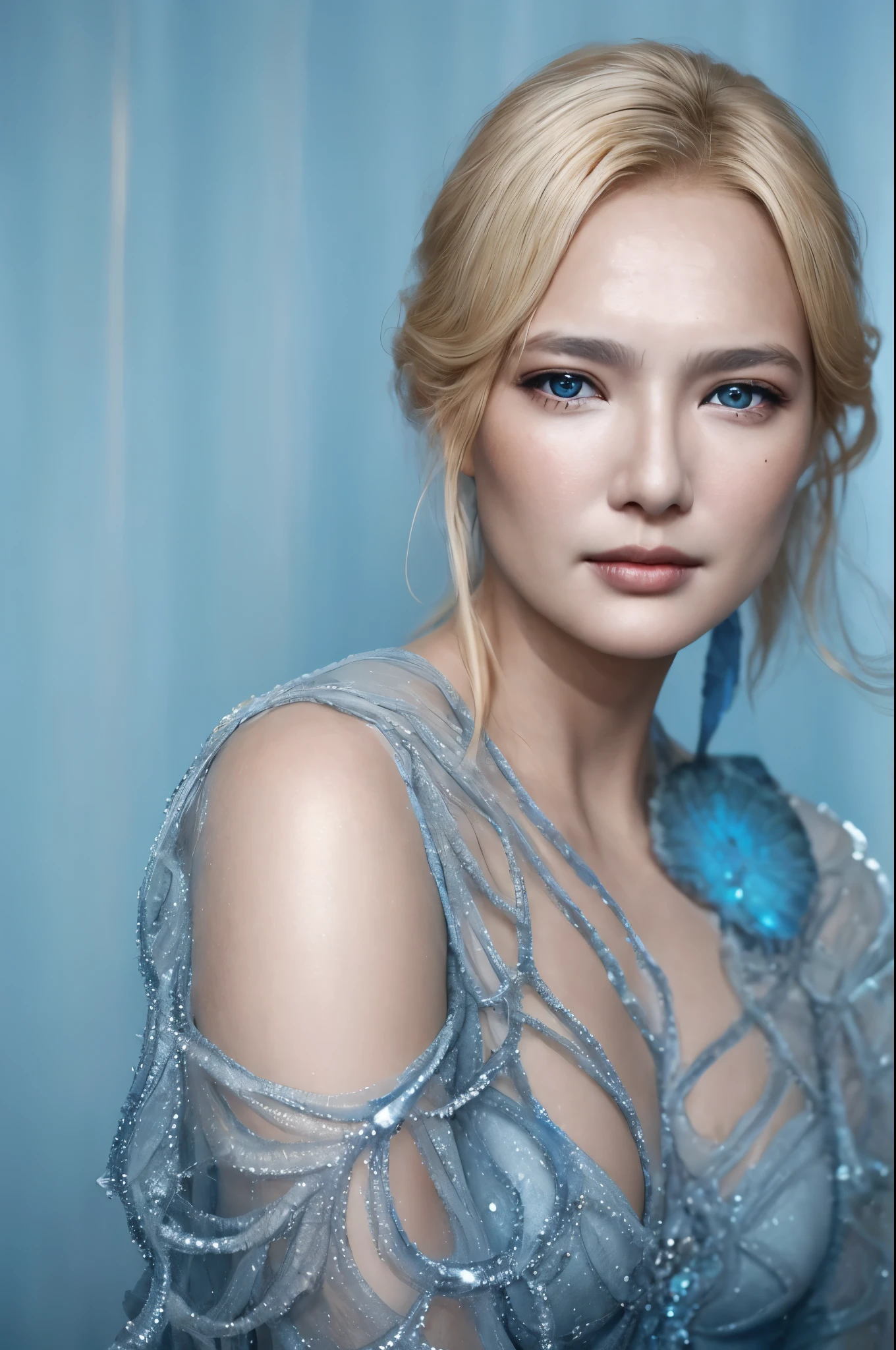 Beautiful supermodel woman with blonde hair, a lock of hair with a slight highlight, blue-gray eyes, mixed medium, undried paint, jewel beetle, colored background, liquid color flowing across her face, photographed by Jingna Chang. --v 6