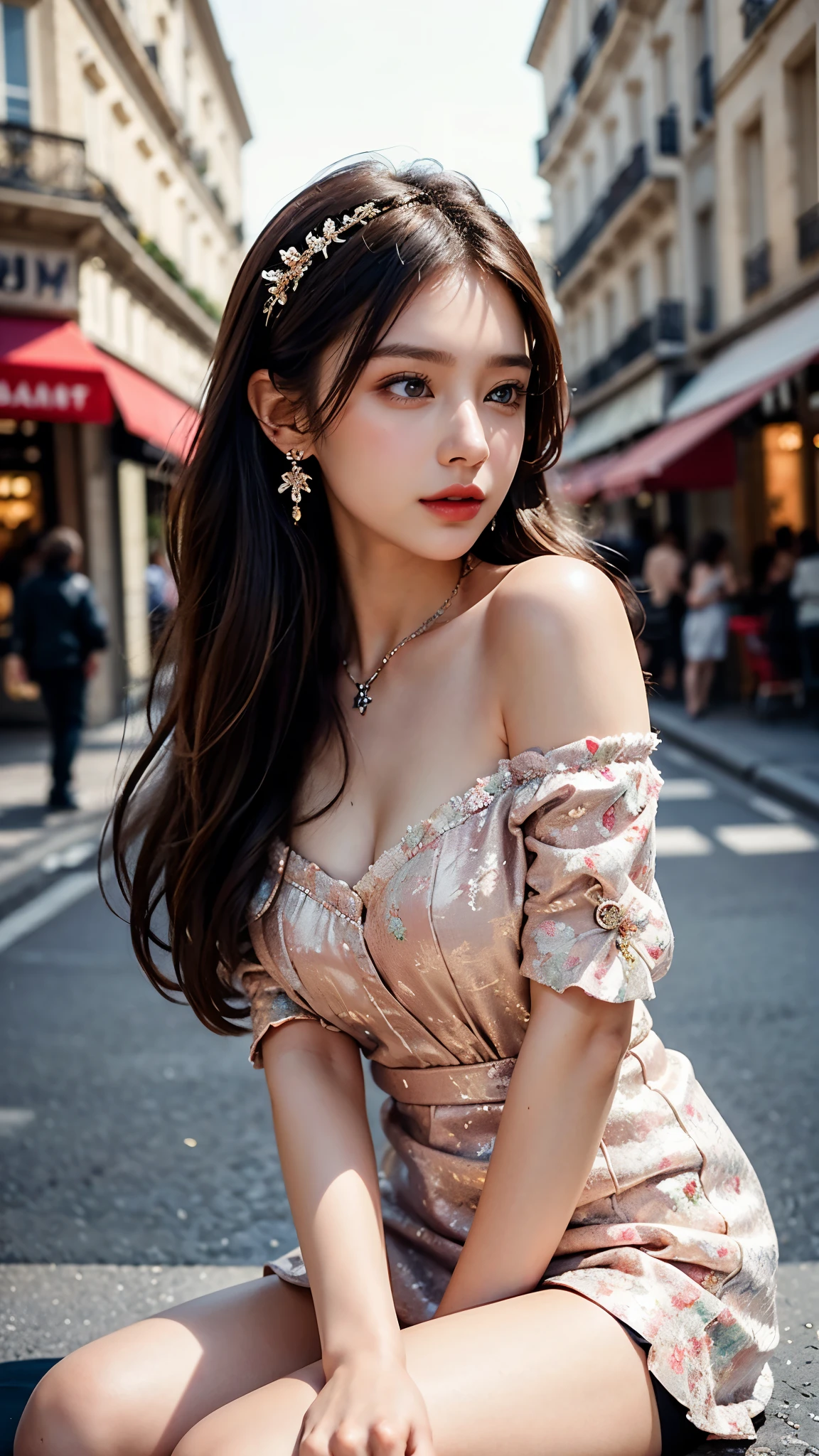 Best quality, masterpiece, ultra high res, photorealistic, raw photo, (((image clarity 5000 Pixel per inch density))), ((depth of Field)), unity 8k wallpaper,((masterpiece: 1.4)), ((best quality: 1.2)), (extremely detailed CG unity 8k wallpaper, masterpiece, best quality, ultra-detailed, best shadow), ((detailed background)), ((beautiful detailed face, beautiful detailed eyes)), High contrast, ((an extremely delicate and beautiful)), ((Beautiful girl: 1.2)), dynamic angle, beautiful detailed glow, realistic, 20 years beautiful girl, 1girl, solo, long hair, jewelry, necklace, black hair, ((A-Line peach Floral Holiday Cocktail Party Valentine's Day Off Shoulder Short Sleeve Knee Length Organza Stretch Satin with Embroidery Appliques Dress)), realistic, wavy hair, hot eyes, lips, earrings, (((Paris food court, Paris streets, Paris shoping, Paris nature, Paris beauty, Paris Roads))), round young breast, slender girl, perfect figure, Ultra HD, Ultra Realistic, ((realistic: 1.2)), ((smile: 1.2)), ((detailed Dress)), ((detailed background)), ((detailed face)), ((High resolution picture)), ((high quality dress)), sexy angles, beautiful Background, walking, Street Fashion