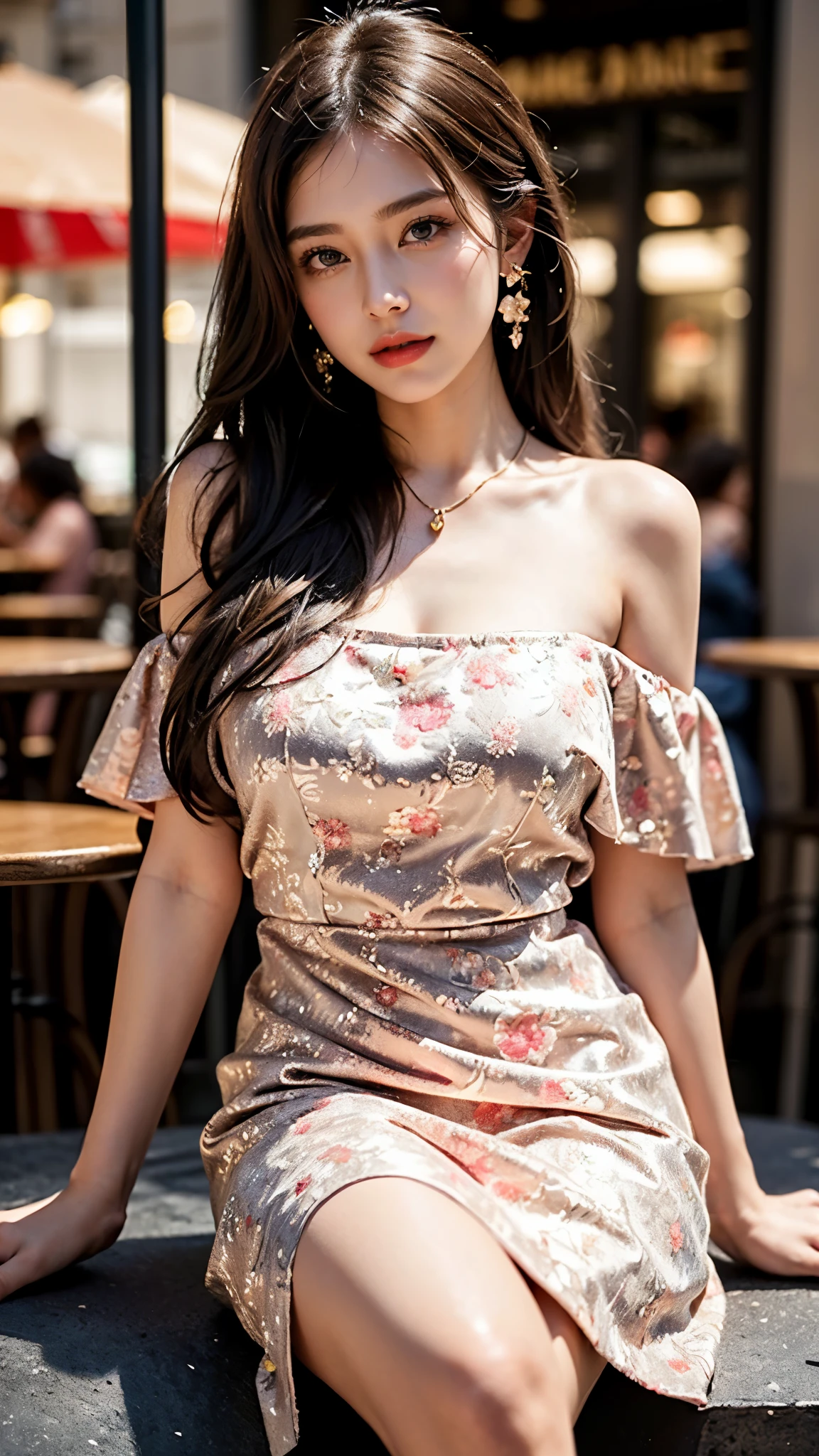 Best quality, masterpiece, ultra high res, photorealistic, raw photo, (((image clarity 5000 Pixel per inch density))), ((depth of Field)), unity 8k wallpaper,((masterpiece: 1.4)), ((best quality: 1.2)), (extremely detailed CG unity 8k wallpaper, masterpiece, best quality, ultra-detailed, best shadow), ((detailed background)), ((beautiful detailed face, beautiful detailed eyes)), High contrast, ((an extremely delicate and beautiful)), ((Beautiful girl: 1.2)), dynamic angle, beautiful detailed glow, realistic, 20 years beautiful girl, 1girl, solo, long hair, jewelry, necklace, black hair, ((A-Line peach Floral Holiday Cocktail Party Valentine's Day Off Shoulder Short Sleeve Knee Length Organza Stretch Satin with Embroidery Appliques Dress)), realistic, wavy hair, hot eyes, lips, earrings, (((Paris food court, Paris streets, Paris shoping, Paris nature, Paris beauty, Paris Roads))), round young breast, slender girl, perfect figure, Ultra HD, Ultra Realistic, ((realistic: 1.2)), ((smile: 1.2)), ((detailed Dress)), ((detailed background)), ((detailed face)), ((High resolution picture)), ((high quality dress)), sexy angles, beautiful Background, walking, Street Fashion