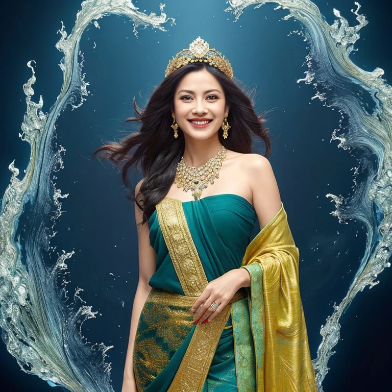 the best work of art, Kanjeng Ratu Kidul, Queen of the South Coast, beautiful woman, long hair blowing in the wind, smiling and somewhat serious face, wearing a small gold crown with a crystal arrangement in the middle, dark green kemben (camisole) luxurious jewelry, dark green shawl and cloth skirt batik sarong, smooth green and white, standing on blue water with waves and with a dramatic effect, surrounded by whirlpools, creating a mystical atmosphere, fractal art, bright and shining in the center with a dark background, water manipulation, intricate details, hyperrealistic, throughout body.UHD,HD,hyperdetail
