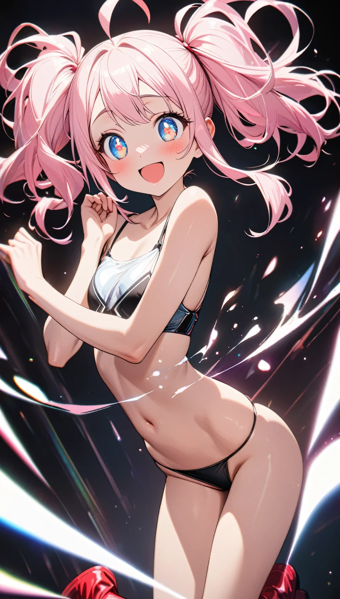 best quality, super fine, 16k, incredibly absurdres, extremely detailed, delicate, flashy and dynamic depiction, beautiful cute girl, sparkling light blue big round eyes, happy, shy, smile, pink twin tails, big long ahoge, thin flat body line, slender proportion, wearing pink and white horizontal striped knee-high socks, pink, white and black crop top, black micro bikini pants, red enamel long boots, cute pose, floating in the air, background iridescent aura-effect