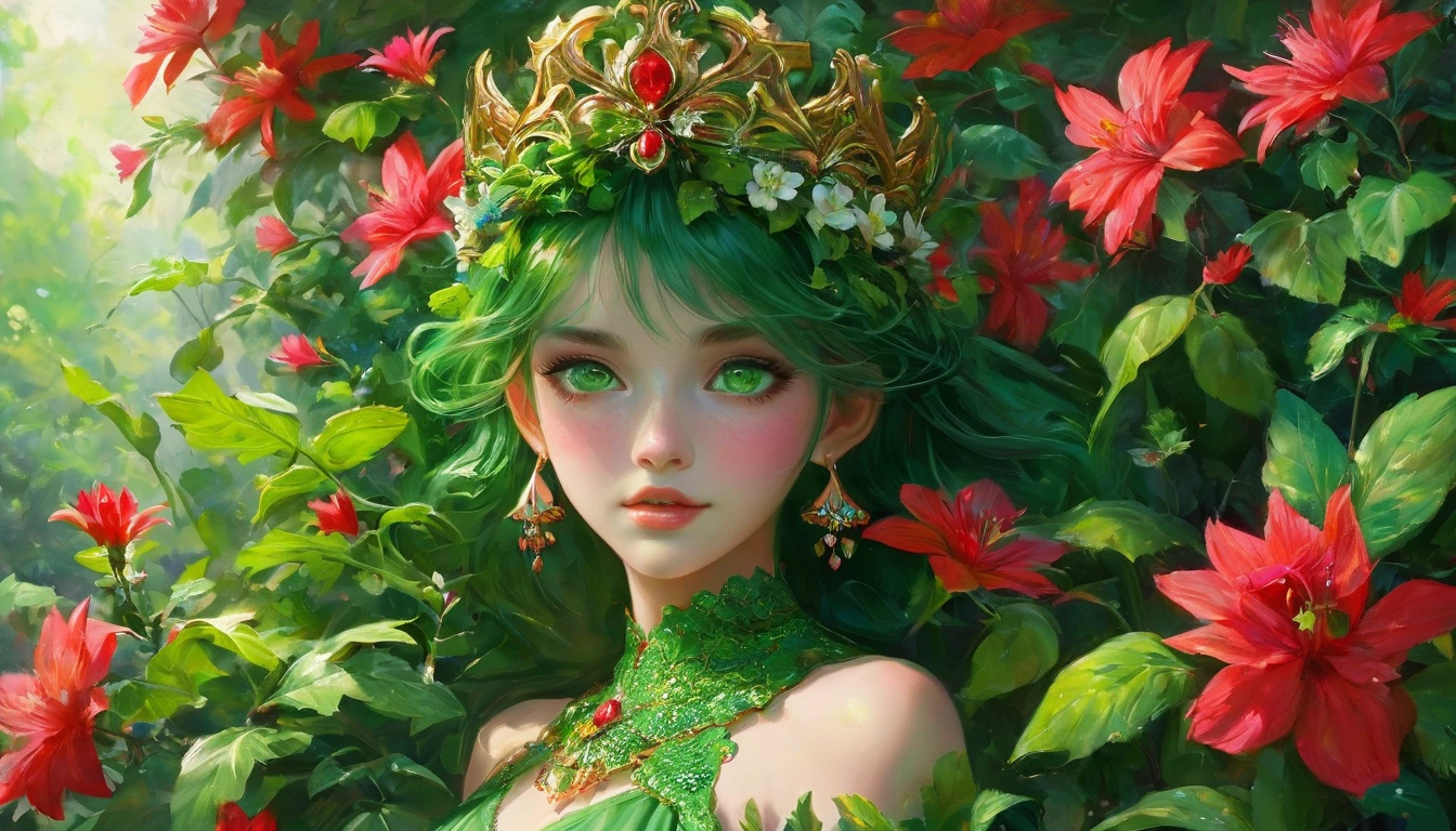 The image portrays a young woman with striking red hair, adorned with a crown of vibrant red flowers and lush green leaves. Her eyes, a captivating shade of green, seem to sparkle with a hint of mischief. She is dressed in a green top that complements the floral crown, adding to the overall harmony of the scene. The background is a lush tapestry of greenery, with various plants and flowers that blend seamlessly with her attire and the floral crown. The image exudes a sense of tranquility and natural beauty, as if the woman is a living embodiment of the forest's enchantment.