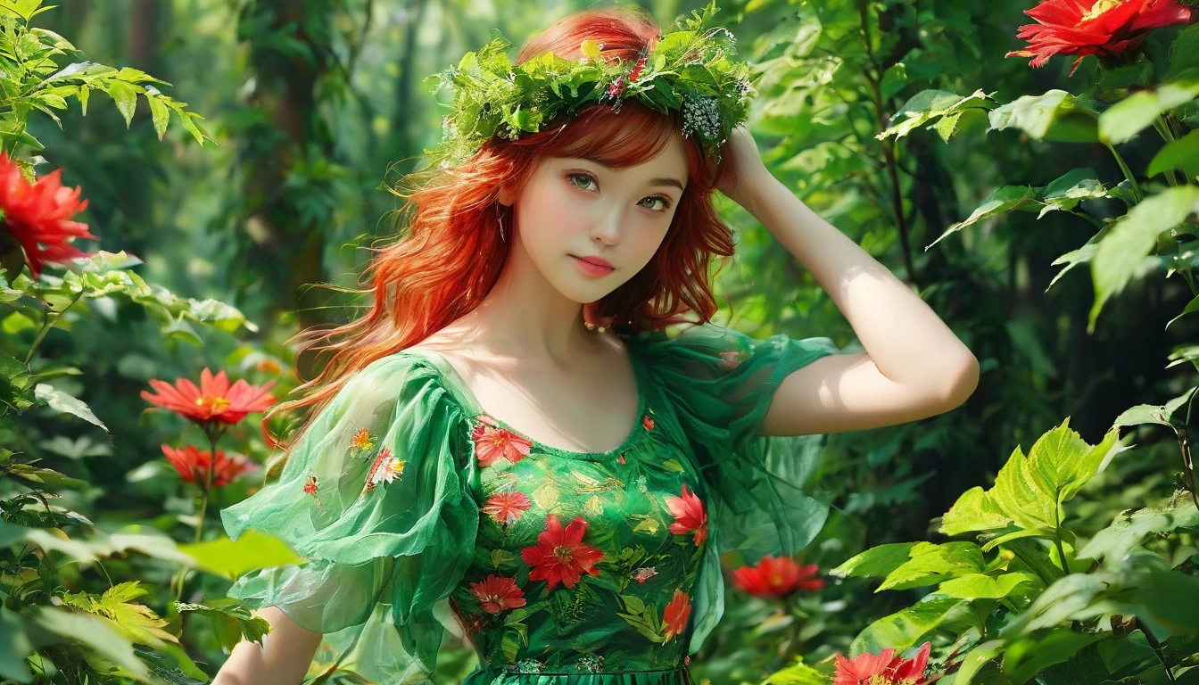 The image portrays a young woman with striking red hair, adorned with a crown of vibrant red flowers and lush green leaves. Her eyes, a captivating shade of green, seem to sparkle with a hint of mischief. She is dressed in a green top that complements the floral crown, adding to the overall harmony of the scene. The background is a lush tapestry of greenery, with various plants and flowers that blend seamlessly with her attire and the floral crown. The image exudes a sense of tranquility and natural beauty, as if the woman is a living embodiment of the forest's enchantment.