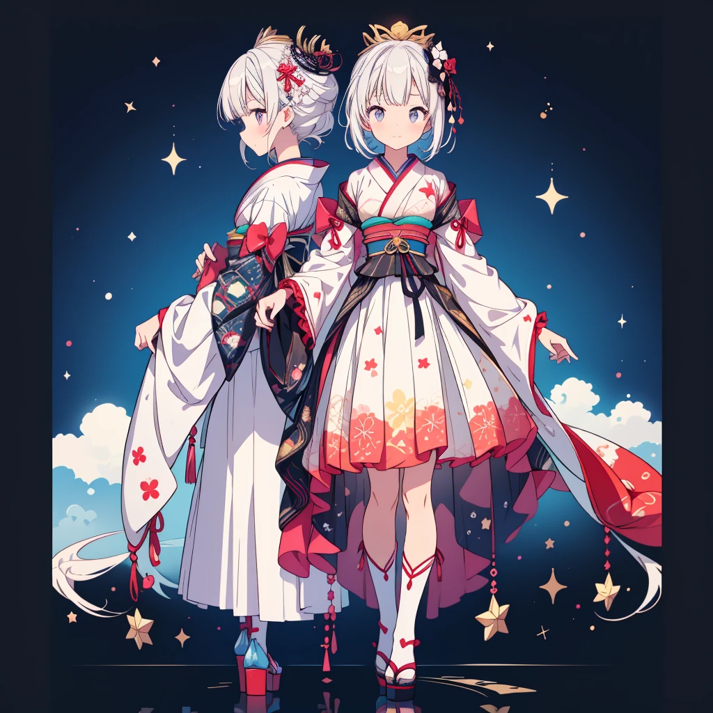 highest quality、８K,handsome face、vtuber-fullbody、A picture of the front straight towards the viewer、Star Fairy、Full body front portrait、front、1girl,highest quality、masterpiece、official art、Super detailed、super beautiful、Cute Star Fairy、white hair straight short、Milky Way、universe、star charm、star、baby face、Knee-high boots、Japanese pattern dress、A beautiful girl wearing black and white clothes that are a remake of a yukata.、Oiran frill dress reminiscent of universe、Colorful portraits