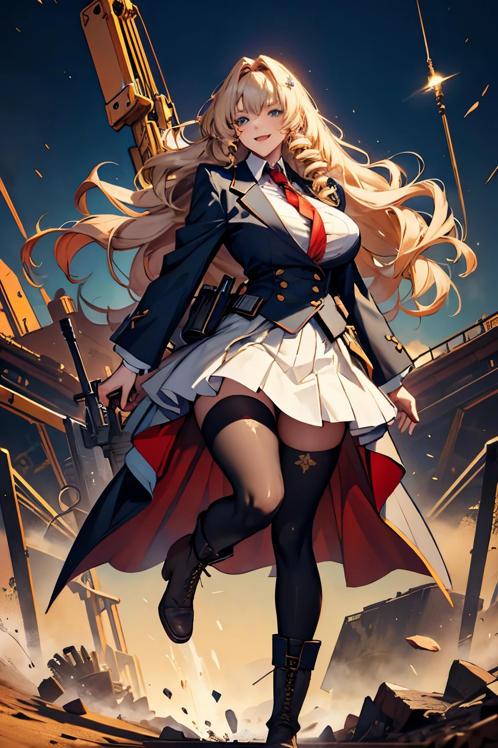 ((masterpiece,highest quality)),((Fine details)),Tall,Big Butt,Long golden hair,Drill Hair,curly hair,,blazer,Lady,skirt,tights,Blue Eyes,Laughing with your mouth open,Combat Boots,No background,front,Standing with your legs apart,Star-shaped pupils,milf,Very big ,Big Breasts、Plump thighs,Stand upright with both feet on the ground,Both arms transform into giant heavy machinery,Scraper,Excavator