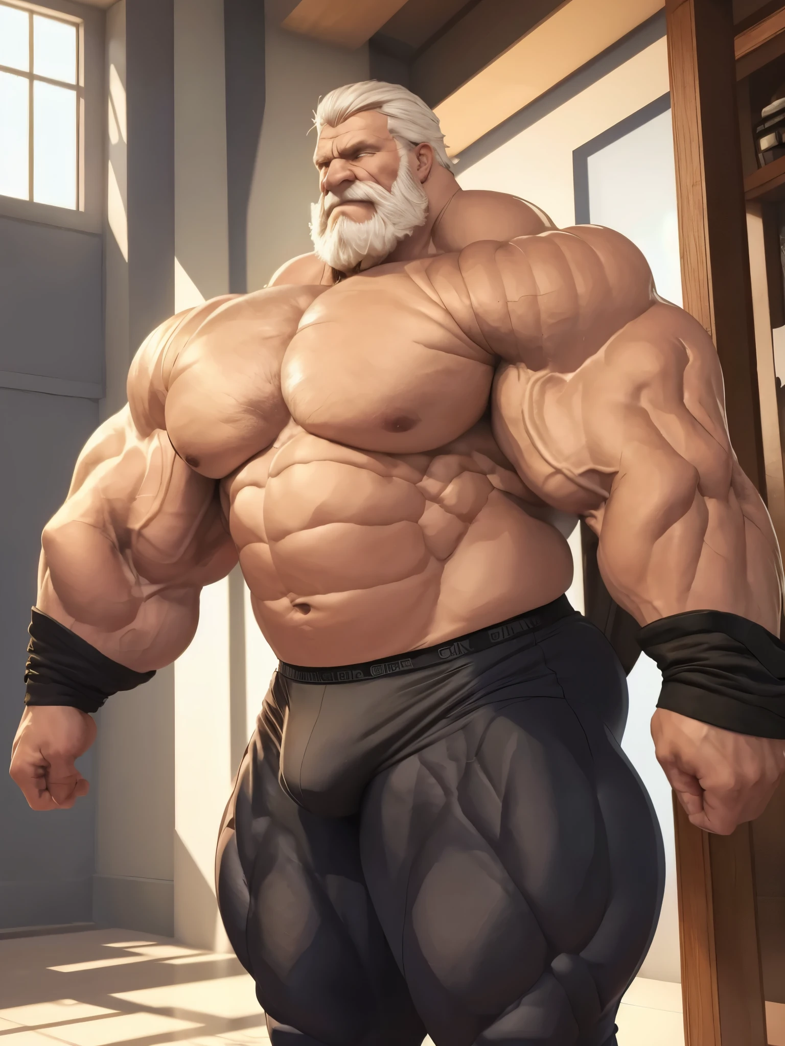 Wide medium shots, ground level camera shot, (best quality, 4k,8k, highres, masterpiece:1.2), ultra-d etailed, (realistic,photorealistic,photo-realistic:1.37).,((hyper muscular)) old man showing strong muscle wearing Hermes, black underpants , hyper muscle, hyper pectoral, hyper bicep, hyper arms, bulge, white and short hair, super thick arms, super big pectoral, super wide pectoral, topless, shirtless.