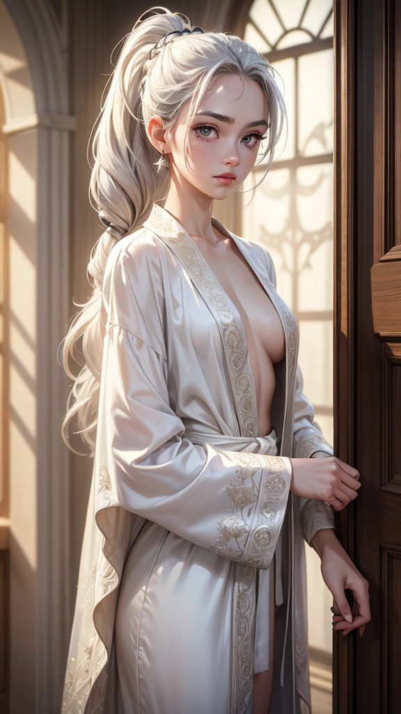 (best quality, masterpiece:1.2), ultra high res, realistic, front lighting, intricate detail, Exquisite details and textures, 1girl, solo ,(young), face highlight, upper body, detailed face, tear mole, white skin, silver hair, ponytail, braid hair, looking at viewer, big eyes, silk robe, (hollow pattern, white, silk), earrings, small breasts, slim body, luxury room, professional lighting, photon mapping, radiosity, physically-based rendering,