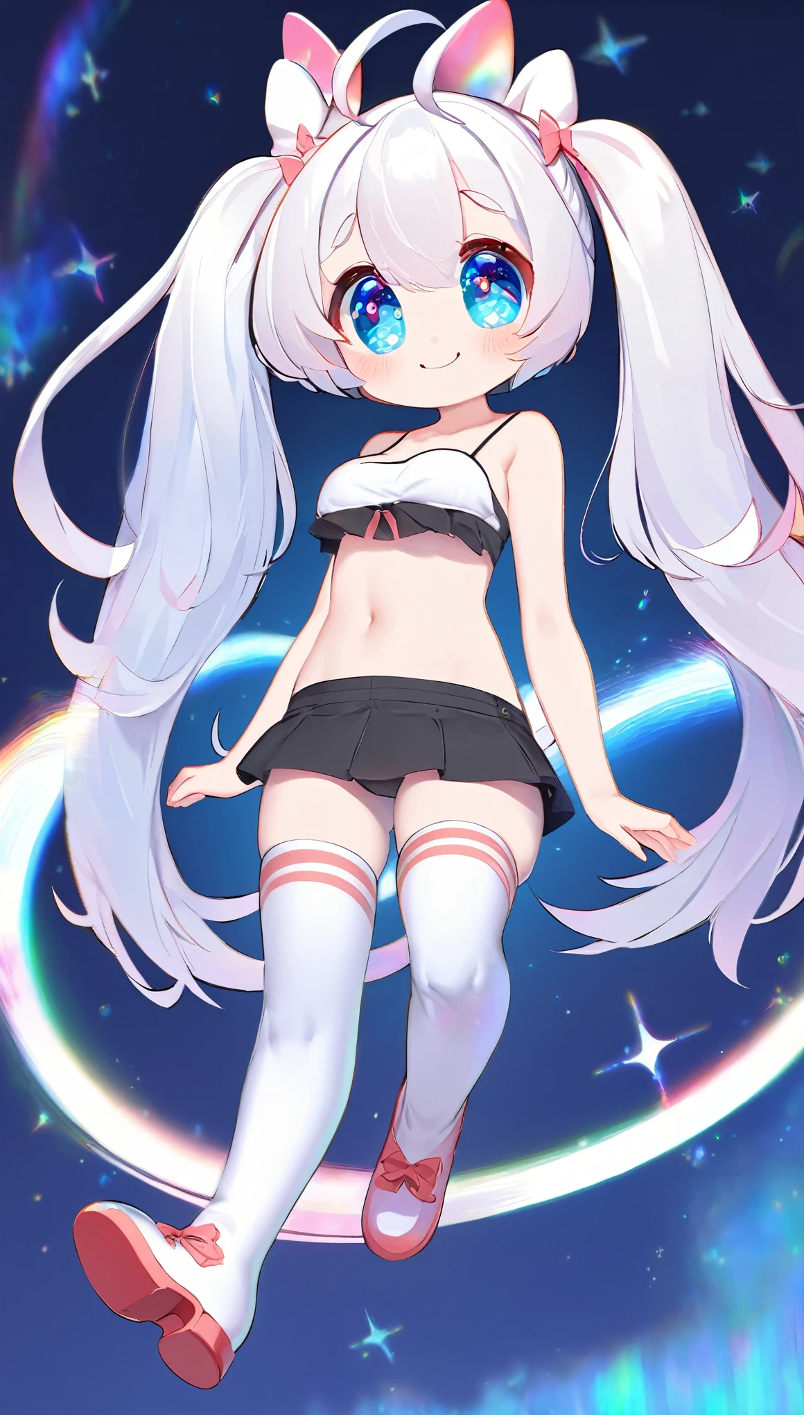 best quality, super fine, 16k, incredibly absurdres, extremely detailed, delicate, flashy and dynamic depiction, beautiful cute girl, sparkling light blue big round eyes, happy, shy, smile, pink twin tails, big long ahoge, thin flat body line, slender proportion, wearing pink and white horizontal striped knee-high socks, pink, white and black crop top, black micro bikini pants, red enamel long boots, cute pose, floating in the air, background iridescent aura-effect