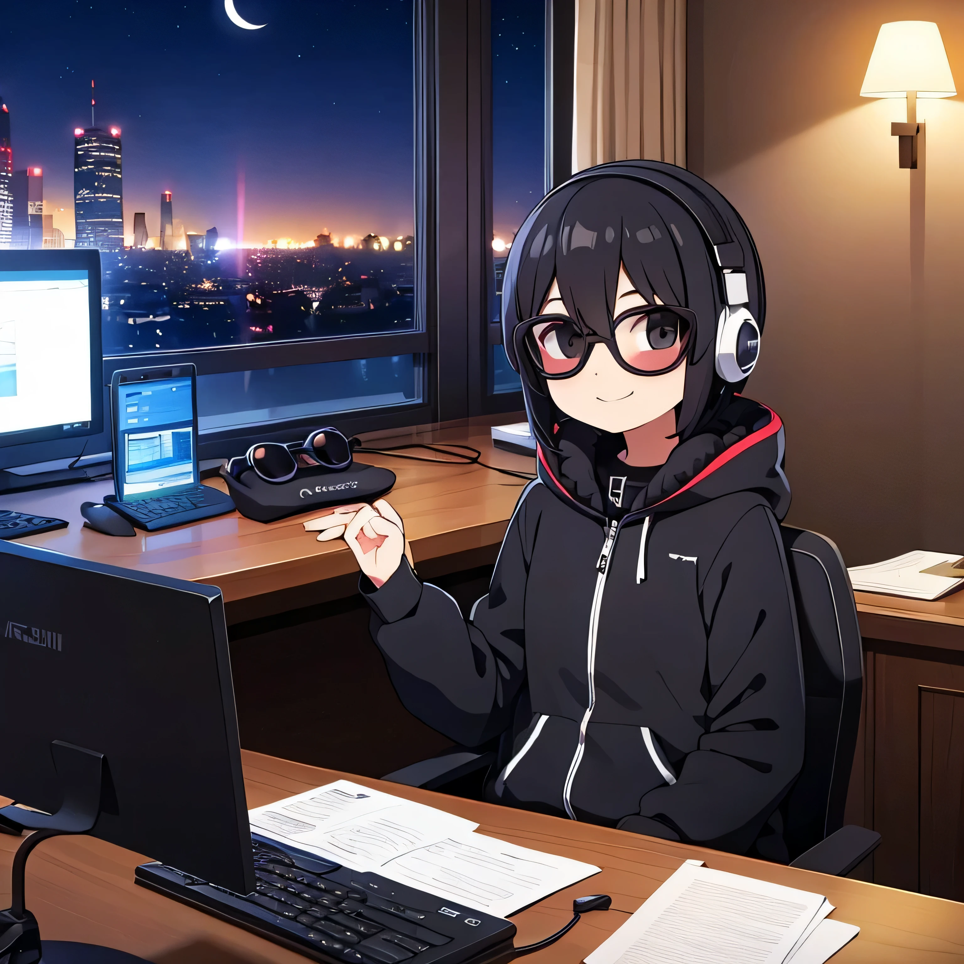 night　room　Accurate PC　black headphones　Wearing sunglasses　Black Hair　neutral　smile　Accurate Fingers