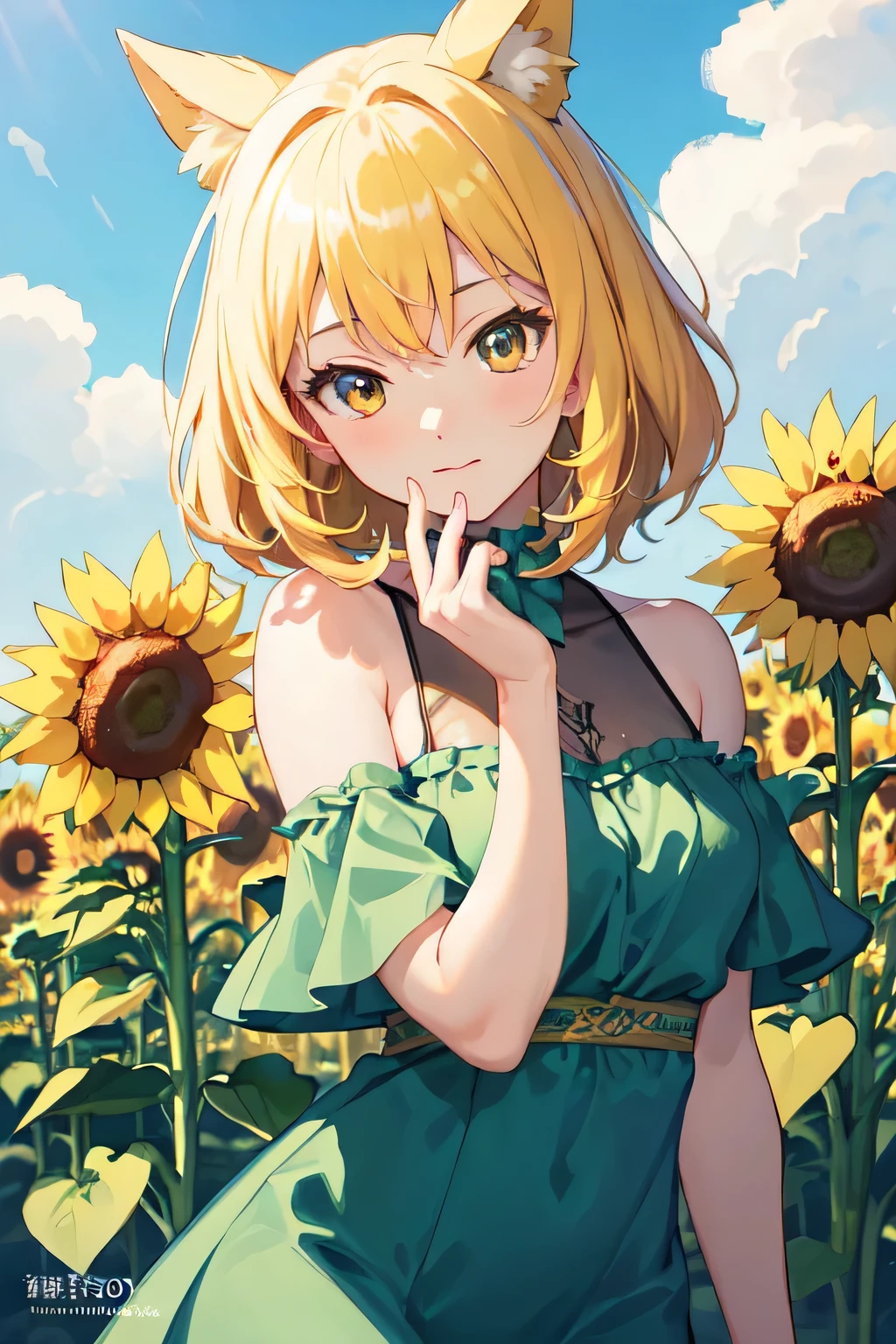 ((highest quality)), ((masterpiece)), (detailed), Perfect Face,Standing in a sunflower field,yellow hair,Sunflower Fairy,Fantasy,8K,blue sky, Beautiful sunflower anime girl, Sensual yellow dress, Beautiful and detailed anime art, Beautiful Anime Girls, Beautiful anime art style, Anime illustration, Beautiful anime artwork, Anime-style illustrations, Beautiful anime art, zerochan art,, Detailed digital animation art