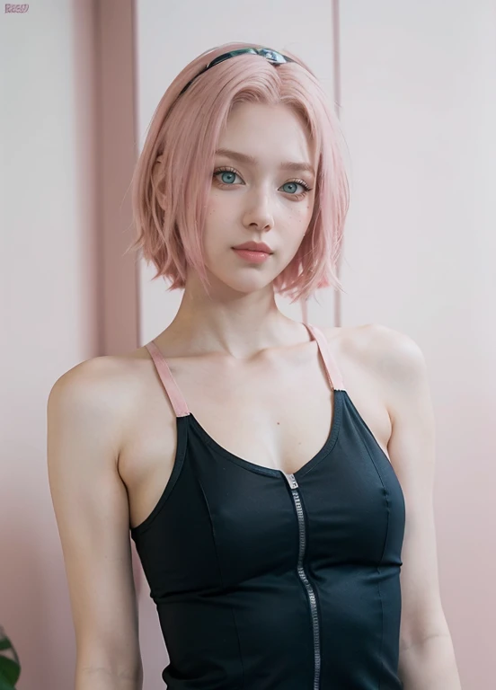 young woman, short shoulder-length pink hair, wide forehead, porcelain skin, pink eyebrows, big emerald green eyes, buttoned nose, full lips, heart-shaped face, slender body, small breasts, red tank top, Sakura Haruno , realistic, realism, details, 3d, well detailed
