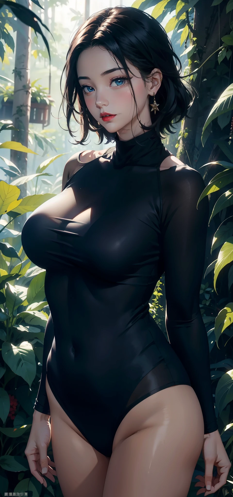 1 female，45 years old，Married women，short hair，Big breasts and thin waist， 照片曝Light， （background：，Rainforest，The plants are dense） Black Hair，Red lips，Standing outdoors in the forest，Front view， Long hair，Straight Hair， （（（masterpiece），（Highly detailed CG Unity 8k wallpaper），best quality，Light，详细background，beautiful eyes，（Very delicate and beautiful），（Beautiful and detailed description of the eyes），Ultra Detailed，masterpiece，）），Facing the camera，high resolution，Ultra Detailed），nude，The exposed chest is a bit fat， Camel toe，Soldier，Soviet Navy，（wear：Blue Sheer Turtleneck，nude，Tights，Green army coat）