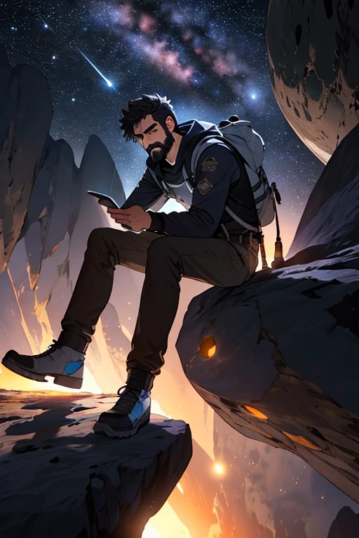 Desenhe um jovem programador, sitting on a research platform floating in the middle of an asteroid belt. He is studying with a notebook, surrounded by several asteroids glowing with fiery auras. Dramatic lighting from distant stars and planets illuminates the scene, casting deep shadows on the costume. O jovem parece confiante e determinado, looking at the vast and mysterious universe with awe and respect,facial hair, tiro de vaqueiro,