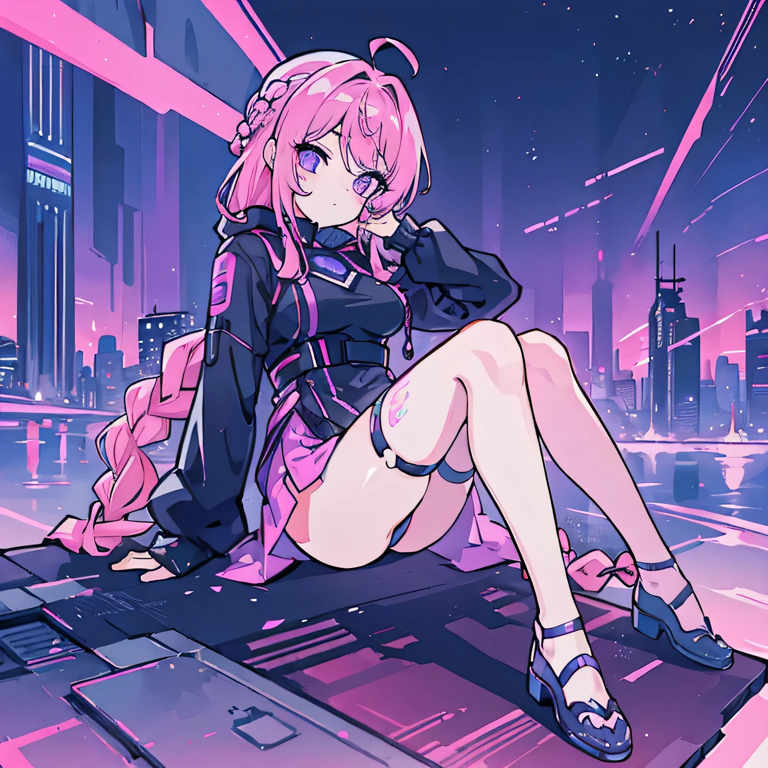 ((masterpiece)), (top quality), (best quality), ((ultra-detailed, 8k quality)), Aesthetics, Cinematic lighting, soft semi-backlit light, (detailed line art), absurdres, (best composition), (high-resolution), wearing techwear, wearing cyberpunk streetwear, techwear, cyberpunk techwear streetwear look and clothes, we can see them from feet to head, highly detailed and intricate, cyberpunk style, ((sitting, leaning against a pilar)), singing, (((with a city in the background))), (one arm behind Head), Breeze, anime illustration, pastel colors, kawaii, cute colors, smooth, BREAK, highly detailed , (1girl), solo, perfect face, details eye, ahoge, (braided bangs:1.3), ((long hair:1.2)), pink shining hair, purple eyes, shining eyes, (beautiful detailed eyelashes), design art, ((perfect anatomy)), perfect body, medium breast, perfect hands, perfect face, beutiful face, beautiful eyes, perfect eyes, (perfect fingers, deatailed fingers), correct anatomy, perfect legs,