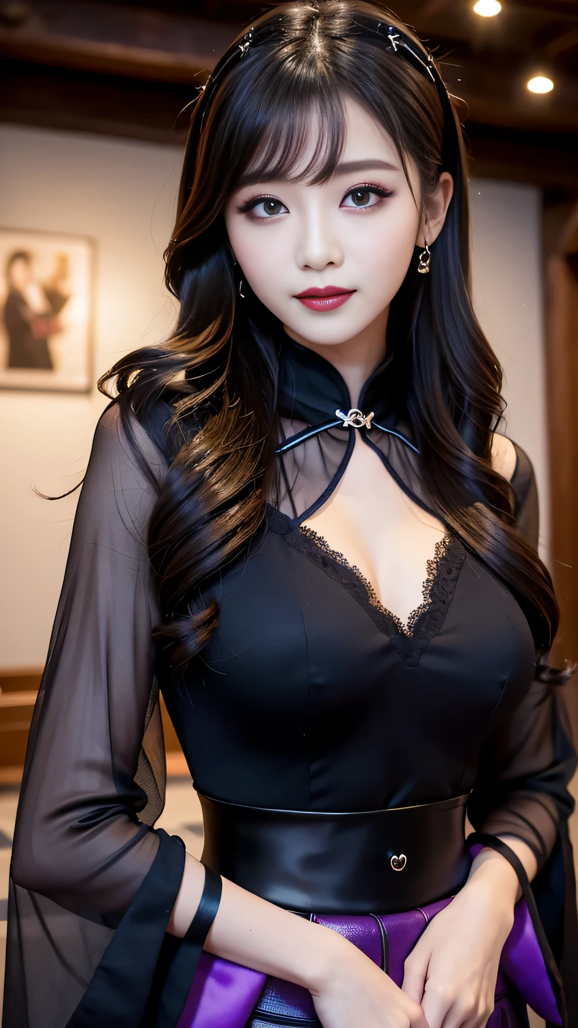 2girls、best quality、ultra-detailed、4k、Japanese、Seductive beauty、seductive adult woman、Pretty Woman、cool girl、Villainess、Brainwashed、brainwash、Fallen into evil、smirk、Evil look、Wicked Smile、evil、Brown hair、wavy hair、swept bangs、dark makeup、dark makeup、piercing eyes、hollow eyes,half-closed eyes、Hollow Eyes、Purple Eyeshadow、black lipstick、black lipglos、Long Black Cheongsam、Wide sleeves、night、inside church、makeup brush、Are standing、