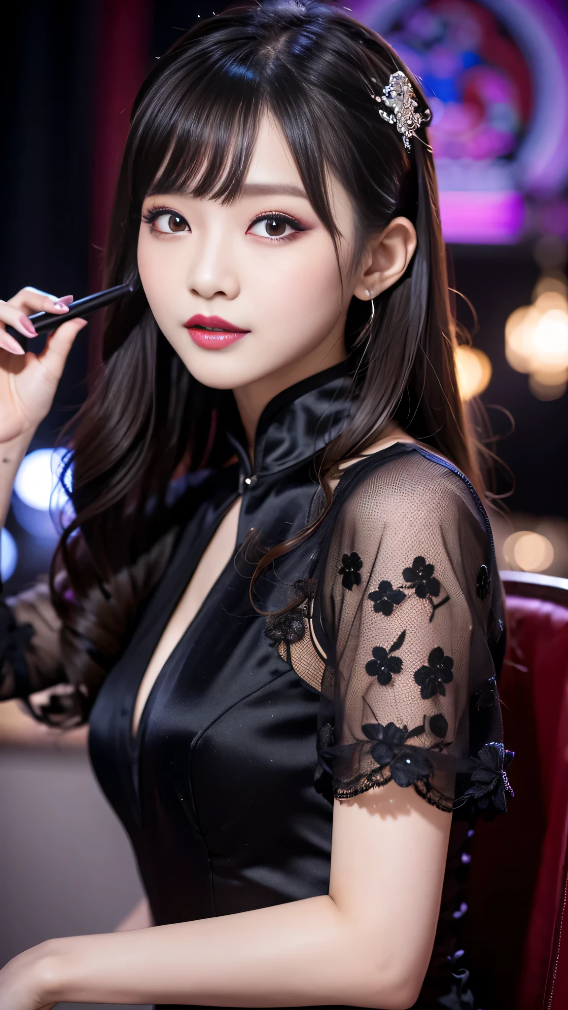 2girls、best quality、ultra-detailed、4k、Japanese、Seductive beauty、seductive adult woman、Pretty Woman、cool girl、Villainess、Brainwashed、brainwash、Fallen into evil、smirk、Evil look、Wicked Smile、evil、Brown hair、wavy hair、swept bangs、dark makeup、dark makeup、piercing eyes、hollow eyes,half-closed eyes、Hollow Eyes、Purple Eyeshadow、black lipstick、black lipglos、Long Black Cheongsam、Wide sleeves、night、inside church、makeup brush、Are standing、