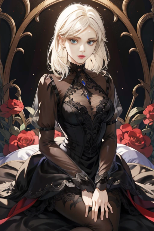 masterpiece, (absurdres:1.1), best quality, extremely delicate, (beautiful face:1.1), elegant, (great composition), bags under eyes, (dark:1.1), arafed image of a woman black dress formal portrait of female inspired by Li Chevalier, portrait knight female, gorgeous female paladin, Victorian era black dress formal girl, crisp clear rpg portrait, female paladin, highly detailed exquisite fanart, female black dress funerals , elisha cuthbert as a d&d paladin, dressed in black blonde blue eye long length hair NOT SHOWING SKIN