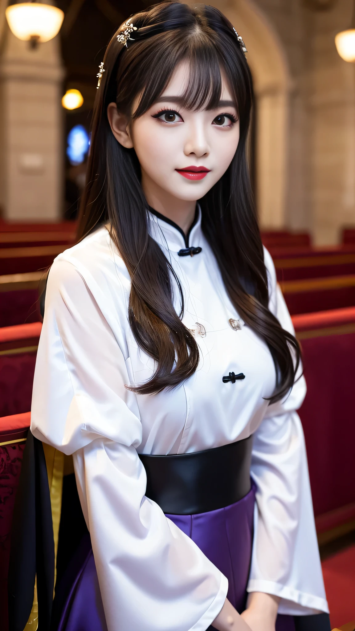 2girls、best quality、ultra-detailed、4k、Japanese、Seductive beauty、seductive adult woman、Pretty Woman、cool girl、Villainess、Brainwashed、brainwash、Fallen into evil、smirk、Evil look、Wicked Smile、evil、Brown hair、wavy hair、swept bangs、dark makeup、dark makeup、piercing eyes、hollow eyes,half-closed eyes、Hollow Eyes、Purple Eyeshadow、black lipstick、black lipglos、Long Black Cheongsam、Wide sleeves、night、inside church、makeup brush、Are standing、