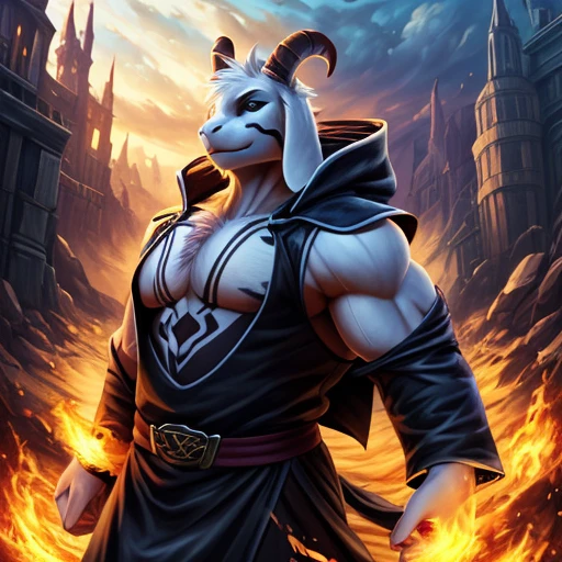 1boy,(( )), (fluffy), god of hyperdeath, ((by morinetsu)), ((asrielxdreemurr character)), black robe, horns, (best quality, ultra-detailed, best illustration, masterpiece, high res,(hyper pecs, hyper erection, sexy look) seductive, professional artwork, famous artwork), realistic paint, black eyes, black fur, detailed realistic painting, male, (detailed white fur), asriel, portrait, detailed hands, shaded, four fingers, insane details, looking forward, fight