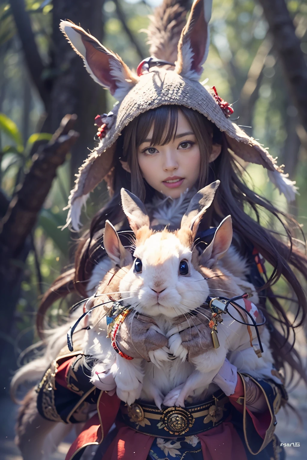 (masterpiece, best quality:1.2), (8k uhd, 16k, 32k, ultra high res), (photorealistic:1.37), (RAW photo), ultimate-realistic, ultimate-realistic details, ultimate-realistic texture, ultimate-intricate details, ultimate-realistic lighting, ultimate-realistic shadow, (japanese girl:1.3), ultimate-cute face, ultimate-RAW skin, ultimate-realistic eyes, (rabbit beast woman), strong animal feeling, full body shot, Standing frightened in a mystical forest
