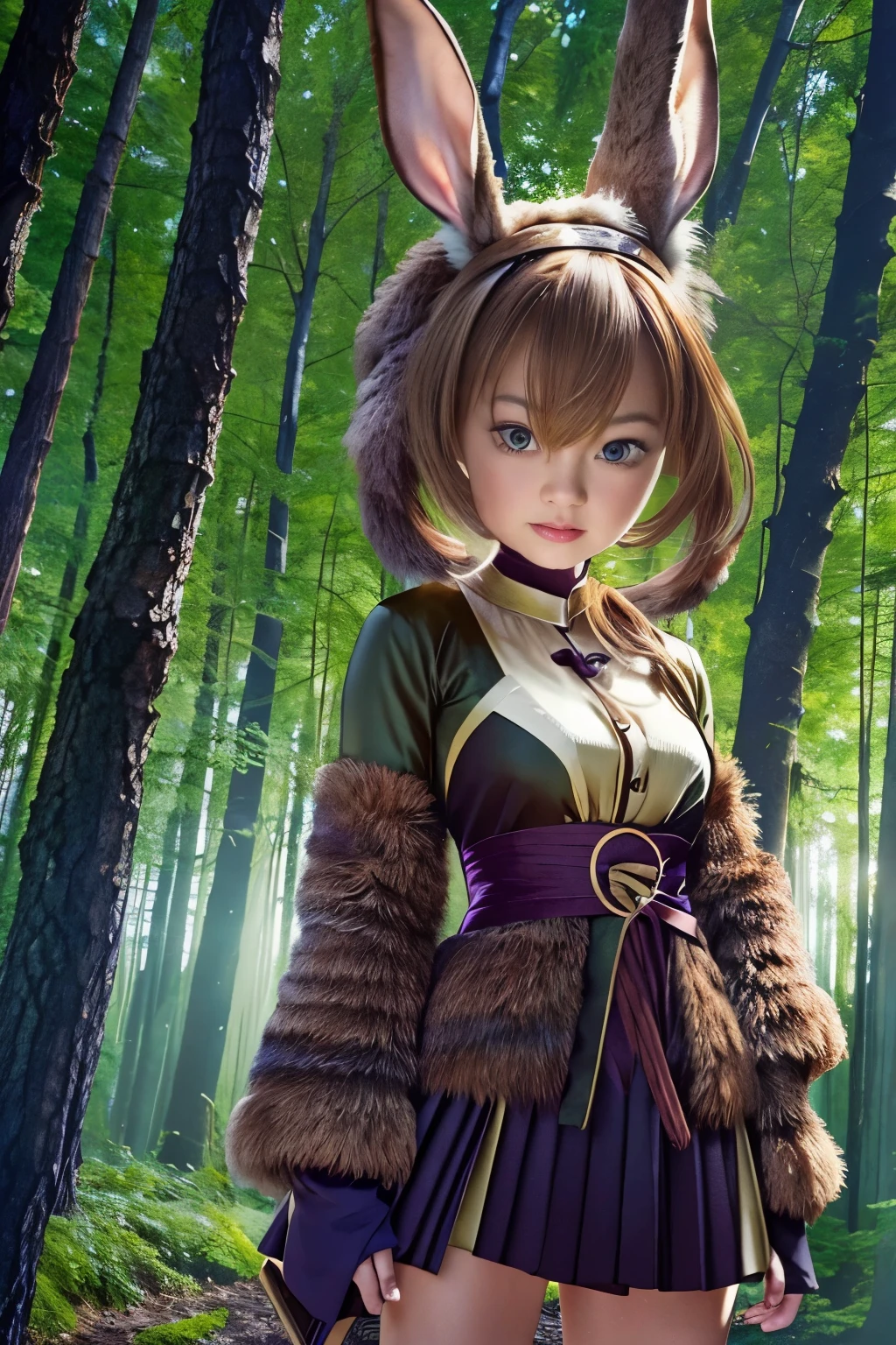 (masterpiece, best quality:1.2), (8k uhd, 16k, 32k, ultra high res), (photorealistic:1.37), (RAW photo), ultimate-realistic, ultimate-realistic details, ultimate-realistic texture, ultimate-intricate details, ultimate-realistic lighting, ultimate-realistic shadow, japanese girl, ultimate-cute face, ultimate-RAW skin, ultimate-realistic eyes, (rabbit beast woman), strong animal feeling, full body shot, Standing frightened in a mystical forest