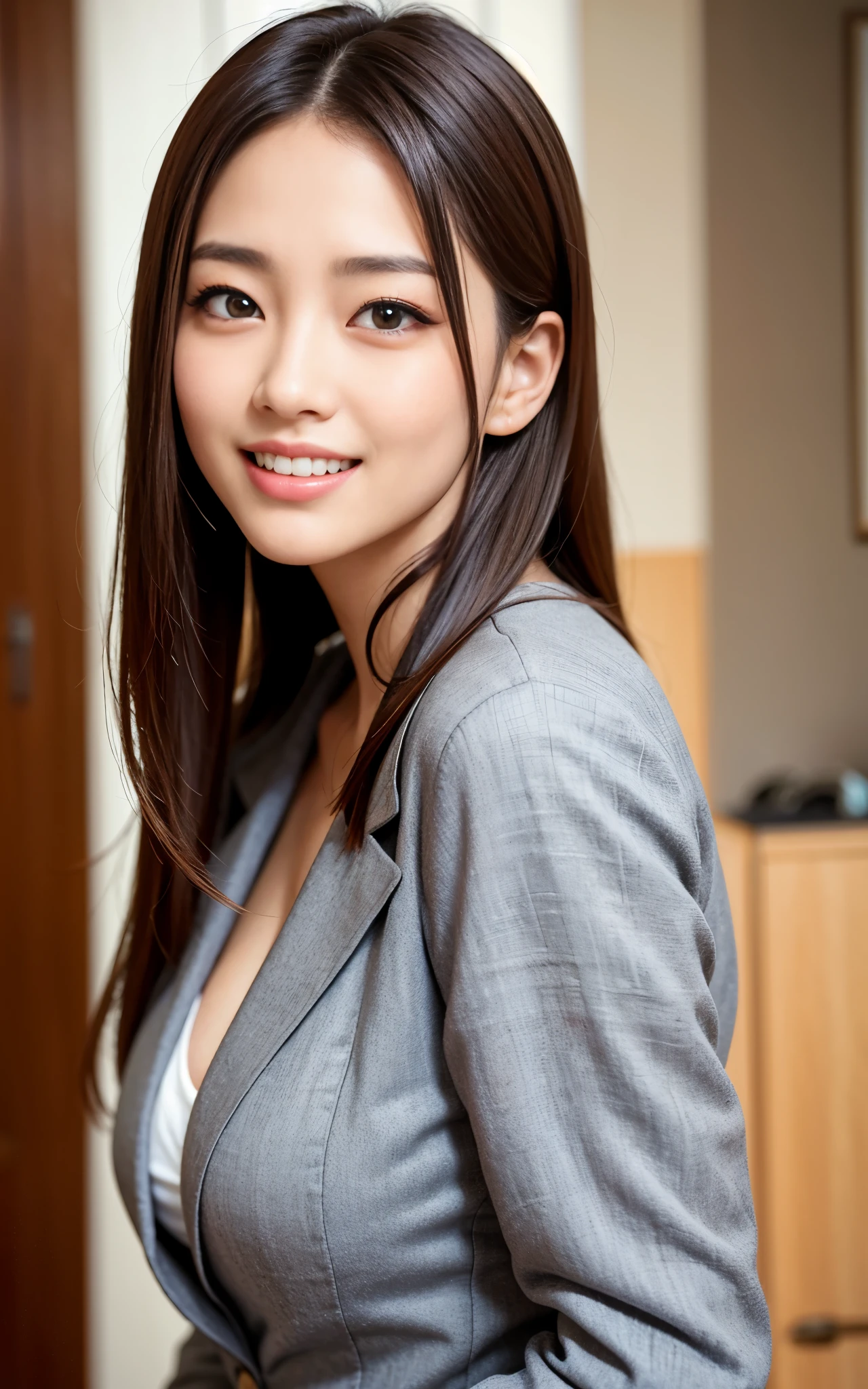 highest quality, figure, Ultra-detailed, finely, High resolution, 8K Wallpaper, 完璧なダイナミックな構figure, ((Sexy pose)), Beautiful Skin, (Big Eyes), 20 year old beautiful girl, Natural color lip, Mid chest, smile, Highly detailed face and skin texture, Detailed eyes, Double eyelid,leaking teeth and laughing, close-up, from side, Brown medium hair, (Grey suit), (blouse:1.2), indoor