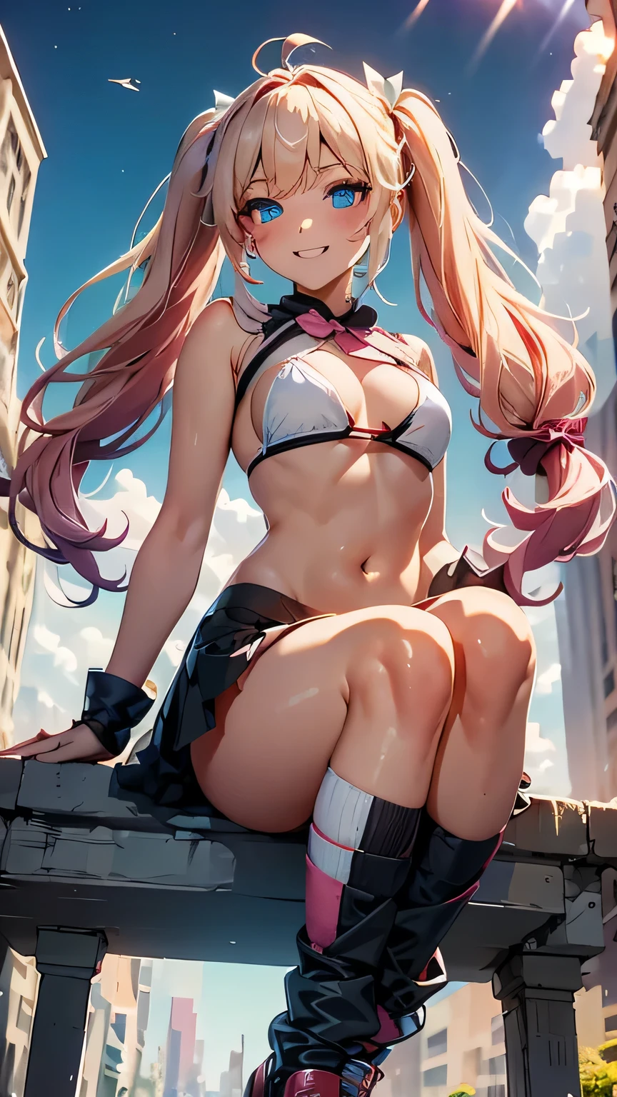 highest quality, Super quality, 16k, Incredibly absurd, Very detailed, delicate, flashy and dynamic depiction, Beautiful cute girl, Large, round, bright blue eyes, Happy, shy, smile, pink twin tails, Big long ahoge, Thin and flat body line, Slim figure, wearing pink and white horizontal striped knee-high socks, pink, black and white crop top, Black Micro Bikini Pants, Red Patent Leather Long Boots, Cute pose, Floating in the air, Rainbow aura effect background