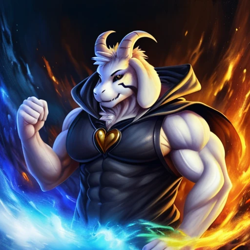 1boy,(( )), (fluffy), god of hyperdeath, ((by morinetsu)), ((asrielxdreemurr character)), black robe, horns, (best quality, ultra-detailed, best illustration, masterpiece, high res,(hyper pecs, hyper erection, sexy look) seductive, professional artwork, famous artwork), realistic paint, black eyes, black fur, detailed realistic painting, male, (detailed white fur), asriel, portrait, detailed hands, shaded, four fingers, insane details, looking forward, fight