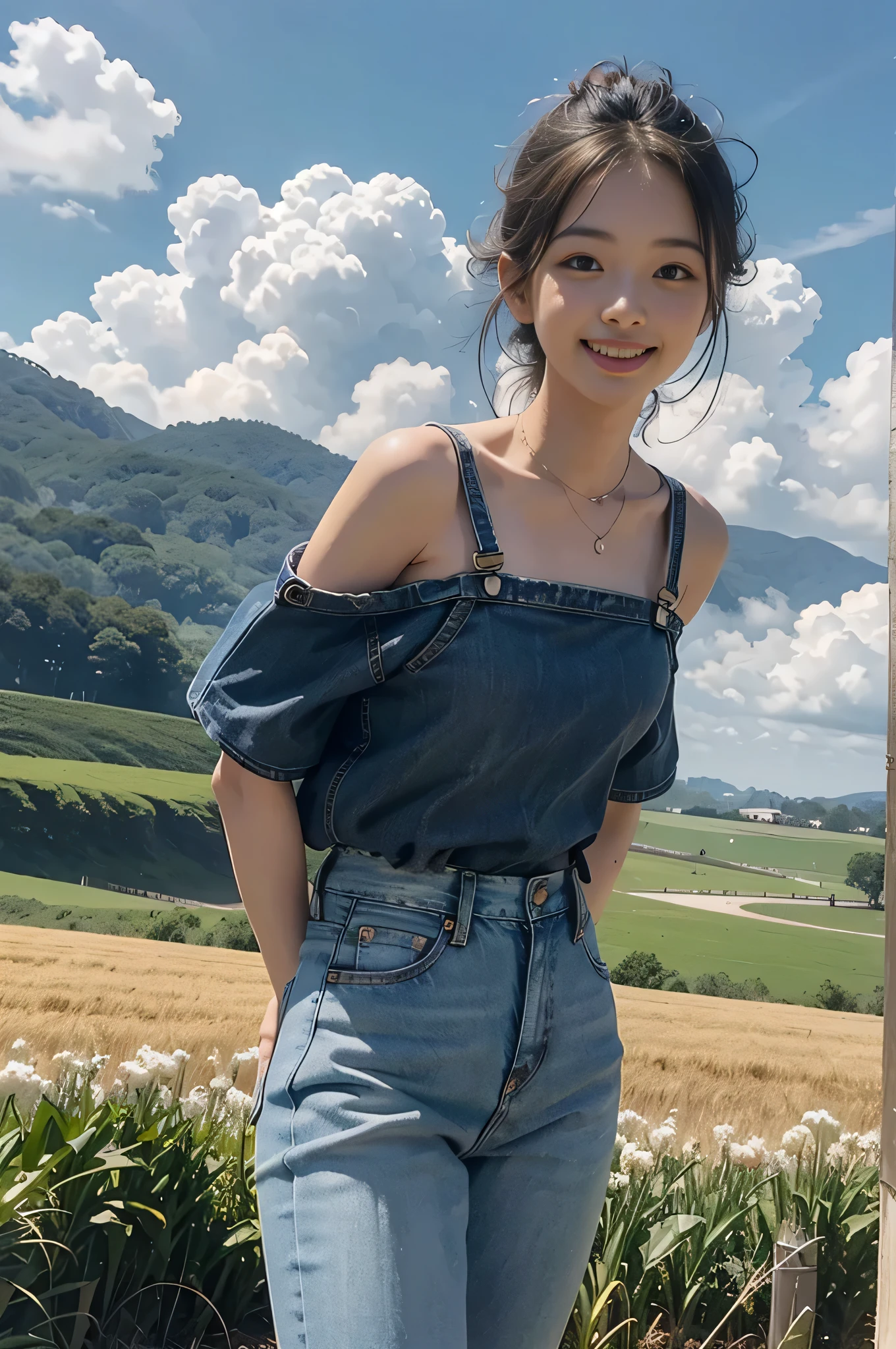 highest quality, Ultra-high resolution, masterpiece, Photorealistic: 1.8), pore, Accuracy, Wheat field, countryside、Nature、 High and wide, White clouds overhead, Sky, face is in the center of the screen, Denim pants、suspenders、Tank top、Small breasts, Pale white light, young woman, Short Bob、 Dark Eyes, smile, smile, Stand on the ground with your feet apart、Hands on Hips、 A glimpse of the chest, Detailed Description, 23 years old, cute,With smile、Open your mouth wide、White teeth、