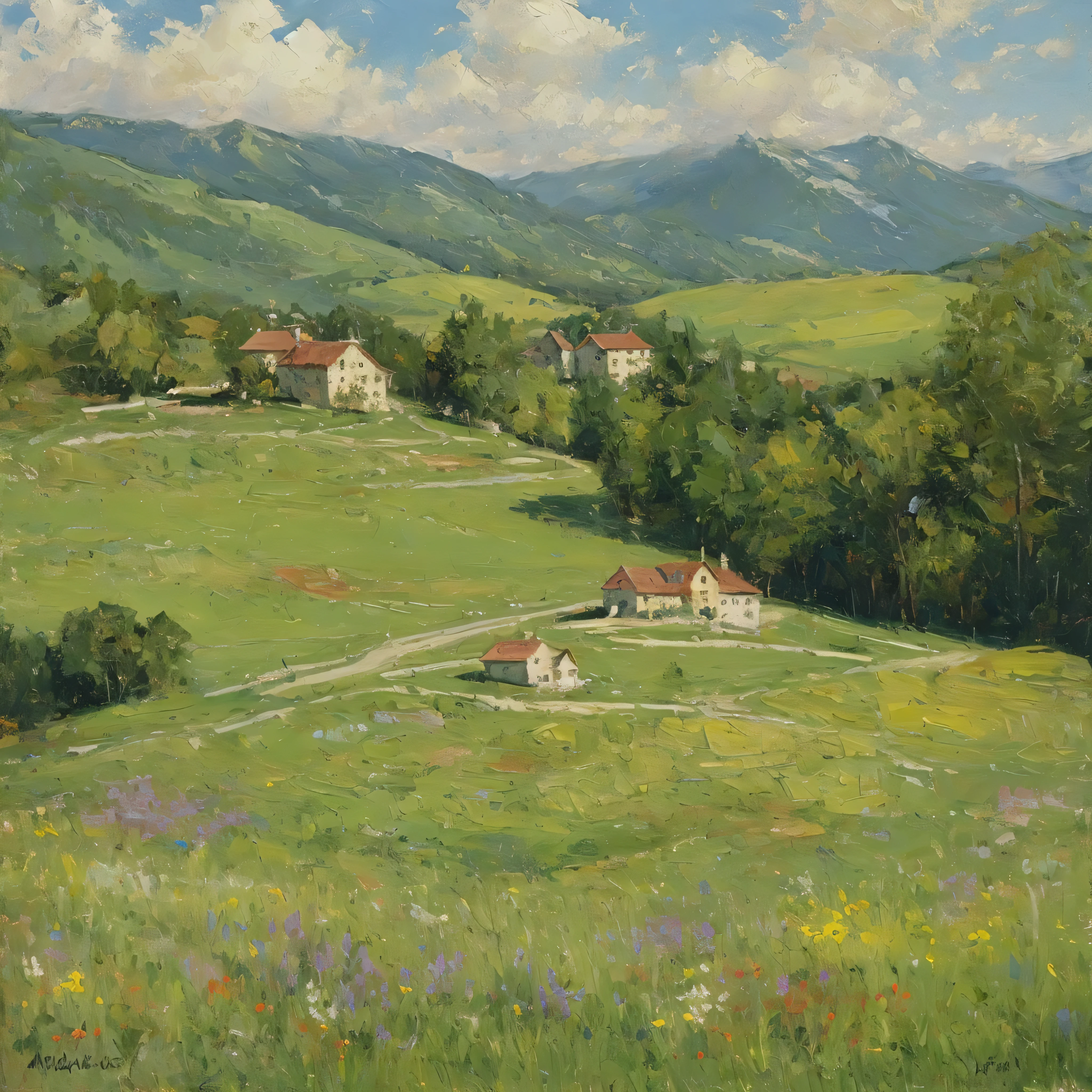 (masterpiece, realistic:1.3), town, house on a mountain, mountain in horizon, autmn, flower field, grass, beautiful scenery, sky, oil painting, detailed, 4k texture,