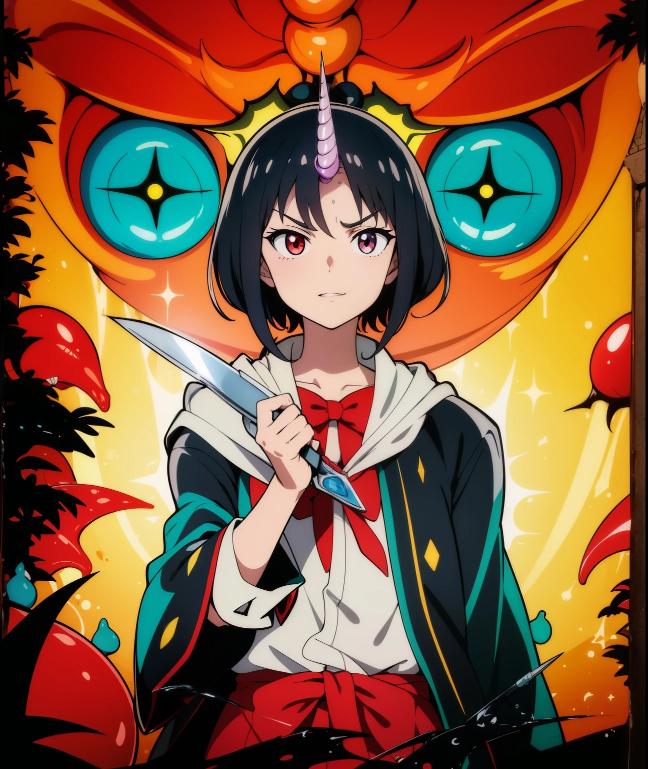 boy, garoto com ((pequeno chifre de unicornio branco na testa)), chifre, a close up of a person holding a knife in front of a poster, anime cover, demon slayer rui fanart, reincarnated as a slime, black - haired mage, demon slayer artstyle, by Jin Homura, tensei shitara slime datta ken, mika kurai demon, official art, kill la kill illustration, madoka magica, official artwork, garoto com chifre, garoto com chifre na testa