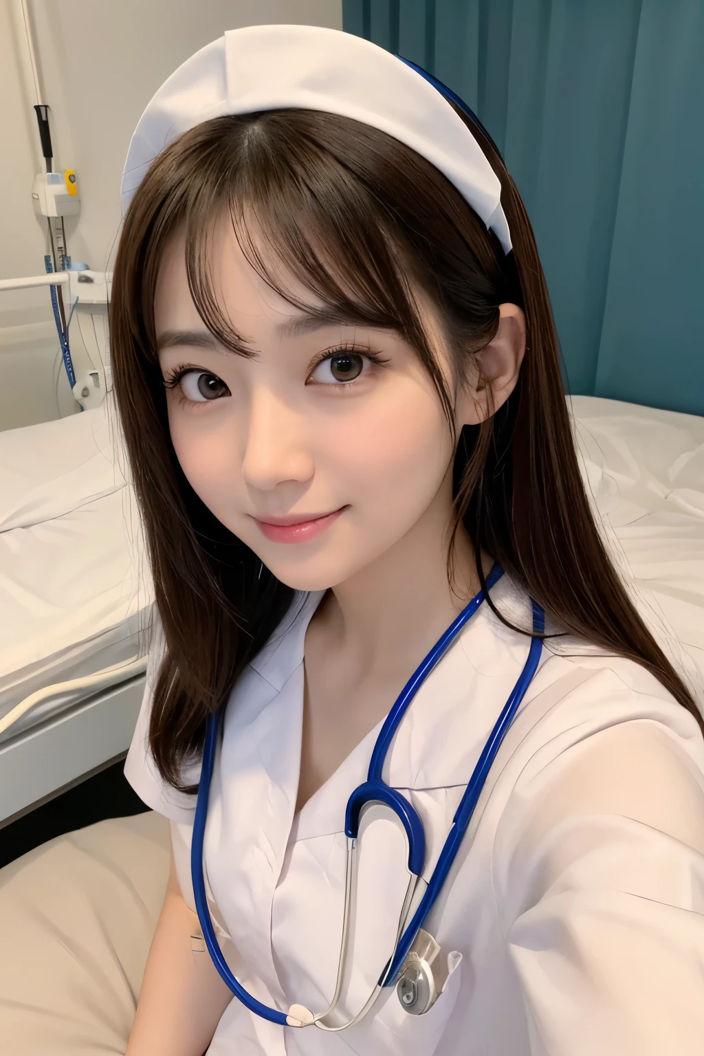 (1girl)、(Japanese、27 years old、Refreshing、clear、seems kind、stylish、(narrow eyes)、Pitiful、cute like an angel、cute、black eyes、Idol,actress,), Good style and slenderness, (Beautiful big breasts:0.7),(soft breasts),(very cute),(brown hair),,(tendrils),(medium long hair),(enchanting eyes),(highlight on eyes:1.2)、(8K、Live shooting、highest quality、masterpiece:1.2、optimal lighting)、((masterpiece)),(Photo taken by a professional photographer),(real、photo real:1.4),break,{ (white nurse costume),(((taraditional nurse uniform))),(white nurse mini skirt),(( pantyhose)),(cleavage:0.7)},(Smile1.0),(cheeks are red:1.2)、,((talking to a patient lying in bed:1.2))、Face close-up:1.3,Looking at viewer、Mouth wide open, break, break,Hospital room,Hospital bed,