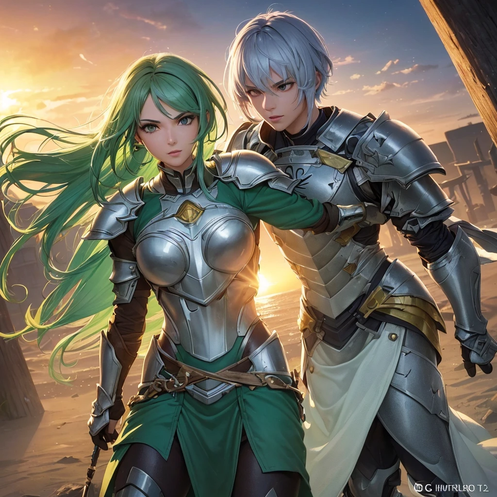 ((lol: 1.2 + Galen: 1.3), realistic art style), HD, dynamic angle, dynamic pose, summer, sweat, white cloth, (silver hair: 1.2 + yellow hair: 1.2+ white hair: 1.2+ black hair: 1.2 + red hair: 1.2 + blue hair: 1.2 + purple hair: 1.2 + green hair: 1.2), front light in the sun, sunset glow, metal armor, real texture, fine details, watercolor polish.