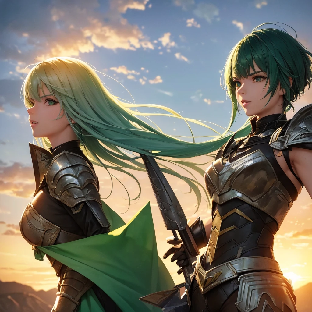 ((lol: 1.2 + Galen: 1.3), realistic art style), HD, dynamic angle, dynamic pose, summer, sweat, white cloth, (silver hair: 1.2 + yellow hair: 1.2+ white hair: 1.2+ black hair: 1.2 + red hair: 1.2 + blue hair: 1.2 + purple hair: 1.2 + green hair: 1.2), front light in the sun, sunset glow, metal armor, real texture, fine details, watercolor polish.