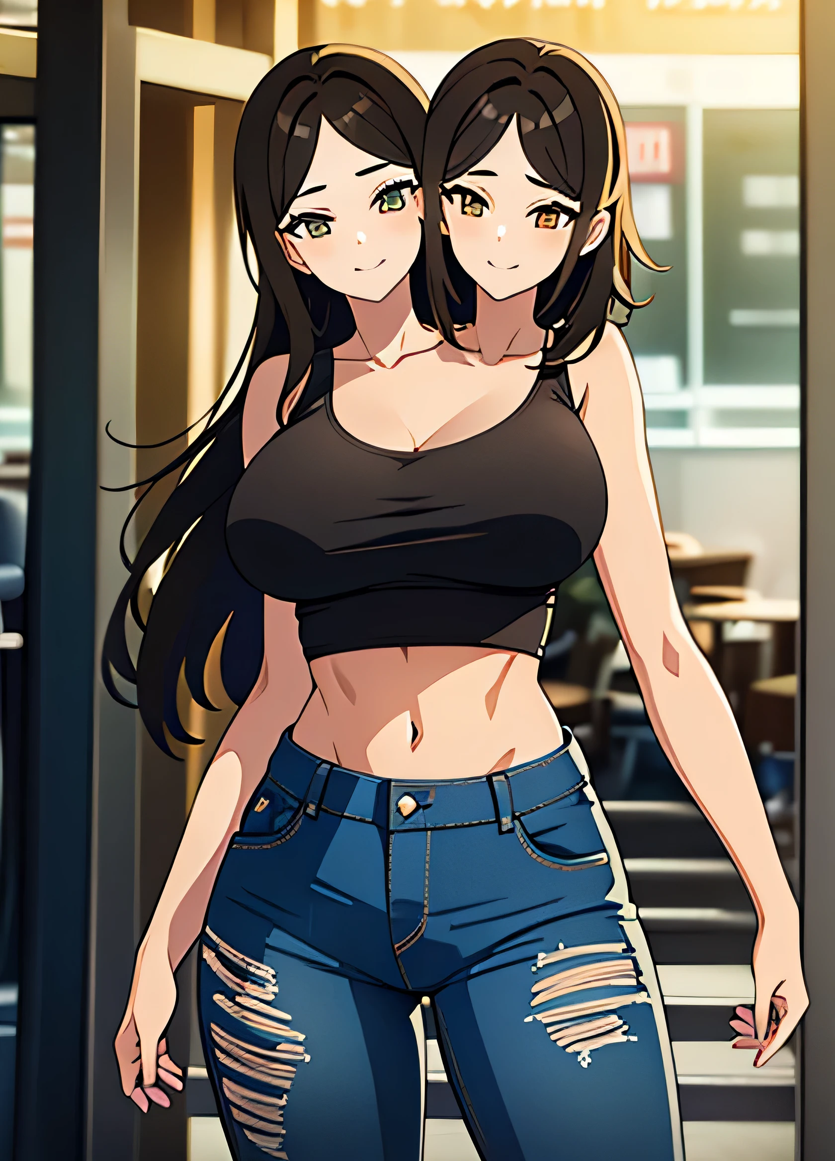 (masterpiece),(ultra-detailed), (high quality), (high resolution), (best quality:1.5, highres, UHD), highres, absurdo, ultra detail, ultra quality, Ultra resolution, 16k, 1girl, (2heads:1.5), girl with two heads, ((black hair)), ((light brown hair)), ((different hair colors)) smiling, (tattered denim jeans), casual dress, sexy proportions, (exposed midriff), thighs, Beautiful girl with accentuated slender abs, ((fighting posture)), black tank top, ((different hairstyles)), different haircuts