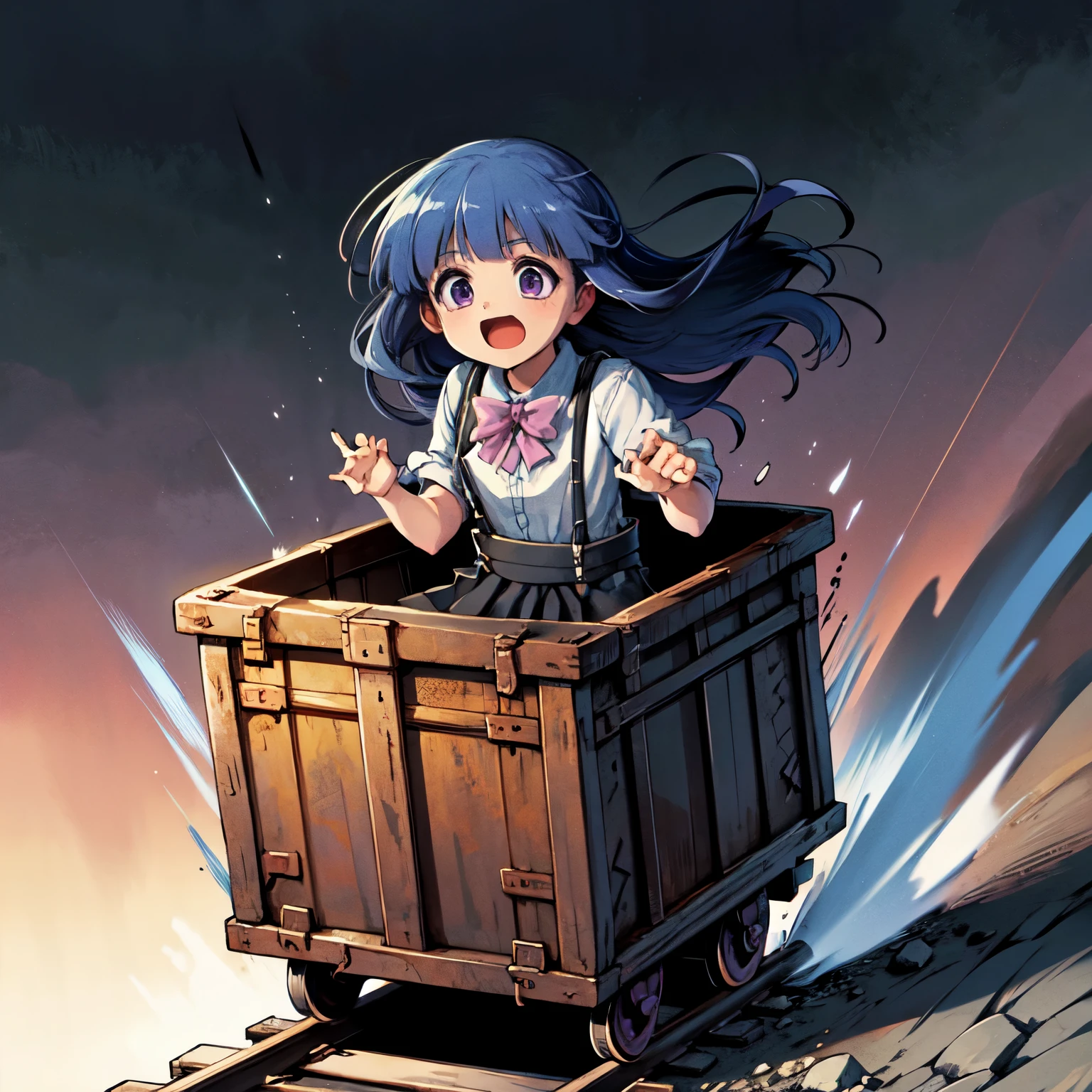 (furude rika, blue hair, purple eyes, white shirt, pink bow, suspenders, black skirt), Anime screenshots, masterpiece,  Nice hands, highest quality,  One girl,  alone, Flat Chest, (Strengthened knees:0.5), driving Boxed-shaped minecar,Driving through narrow and dark underground tunnels in dungeons,Rusted,iron,Box-shaped minecart,Boxed,iron road track,Speed Line,Dark Background,floating hair,Wind, , shout