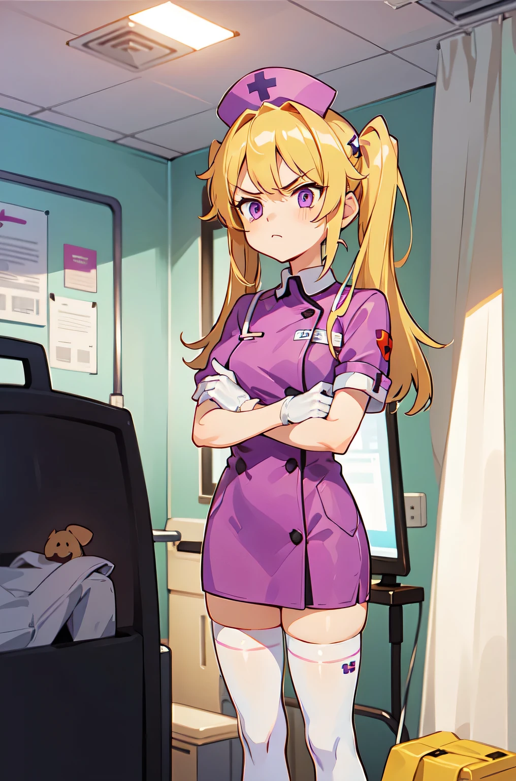 1girl, solo, nurse, nurse cap, white nurse uniform, ((white legwear, zettai ryouiki)), white gloves, twintails, yellow hair, purple eyes, angry, crossed arms, standing, ((hospital room)), sharp outline, short sleeves, best quality, masterpiece